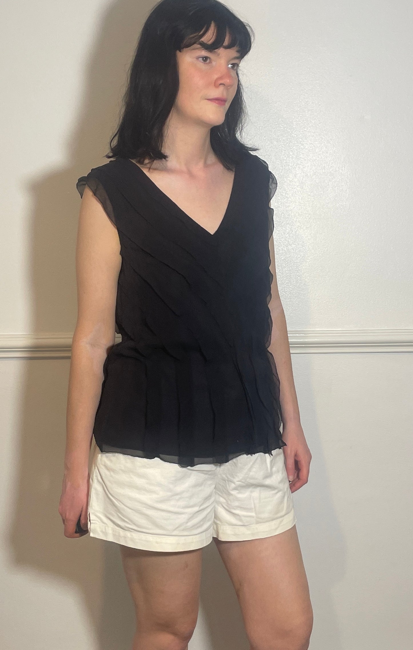Vintage 90s Black Silk Chiffon Ruffle Sleeveless Top - Size 12