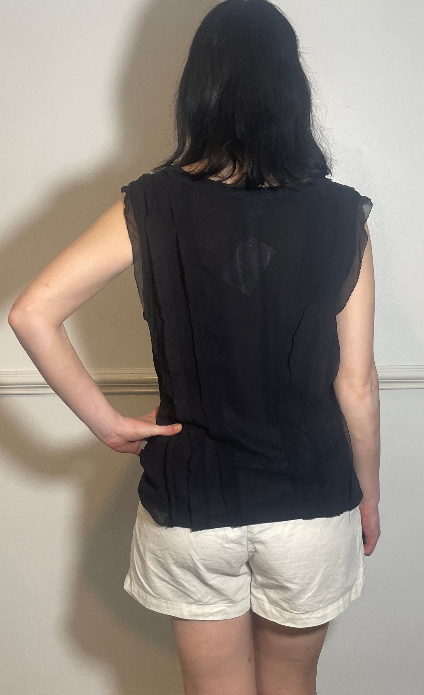 Vintage 90s Black Silk Chiffon Ruffle Sleeveless Top - Size 12