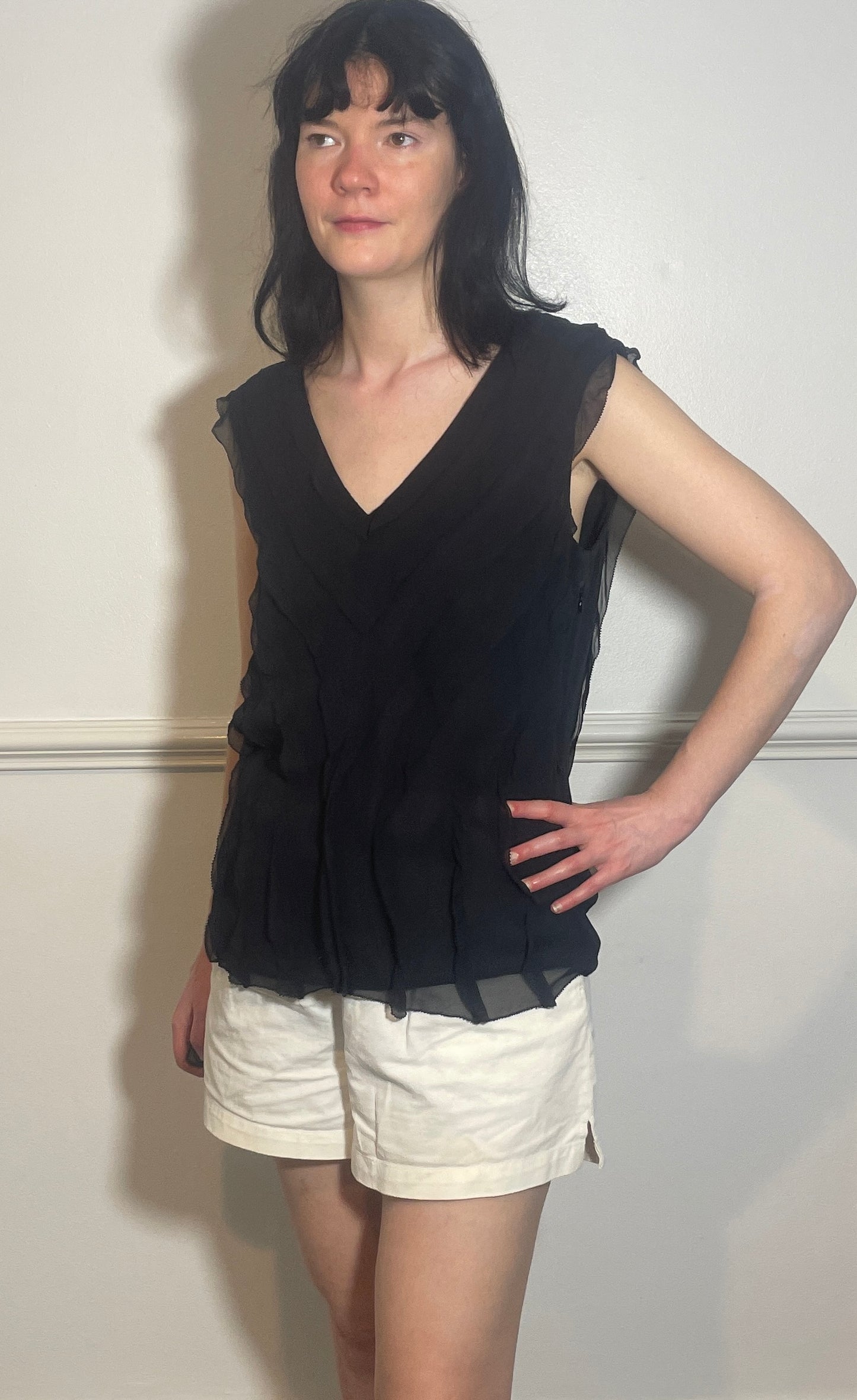 Vintage 90s Black Silk Chiffon Ruffle Sleeveless Top - Size 12