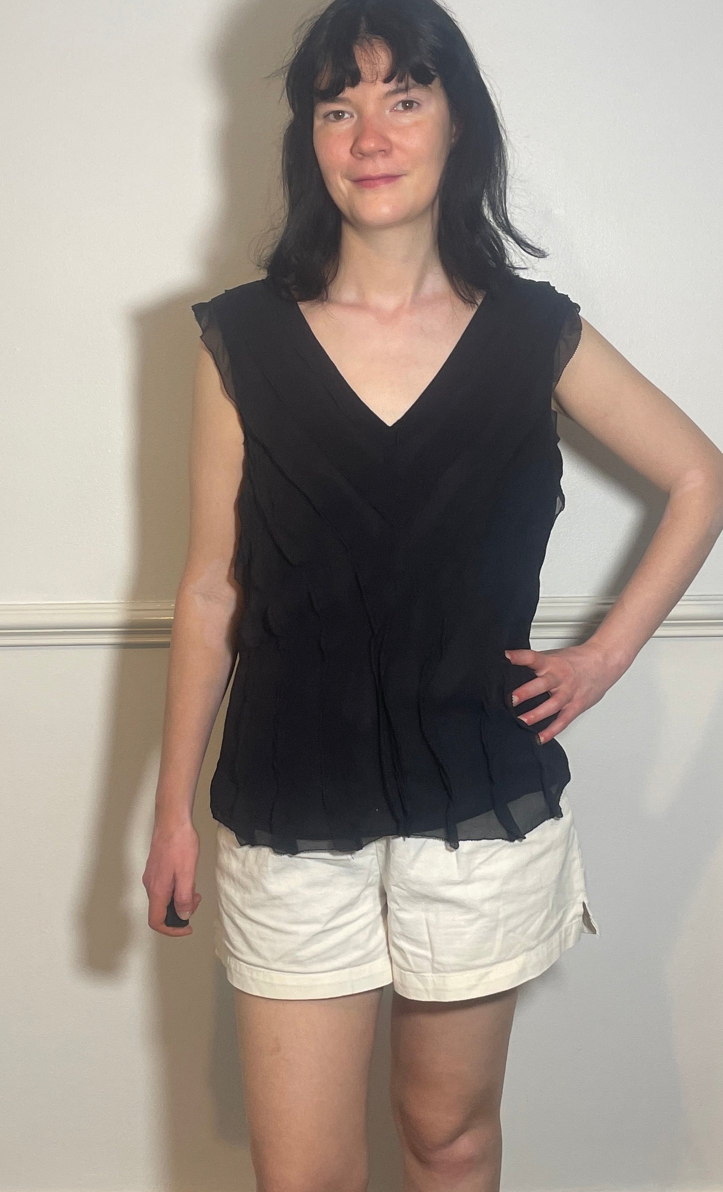 Vintage 90s Black Silk Chiffon Ruffle Sleeveless Top - Size 12