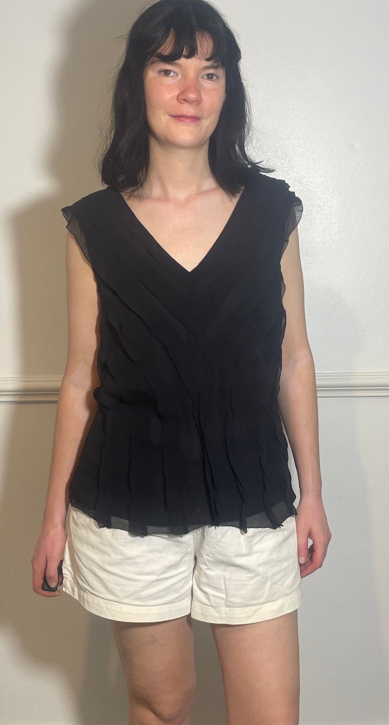 Vintage 90s Black Silk Chiffon Ruffle Sleeveless Top - Size 12