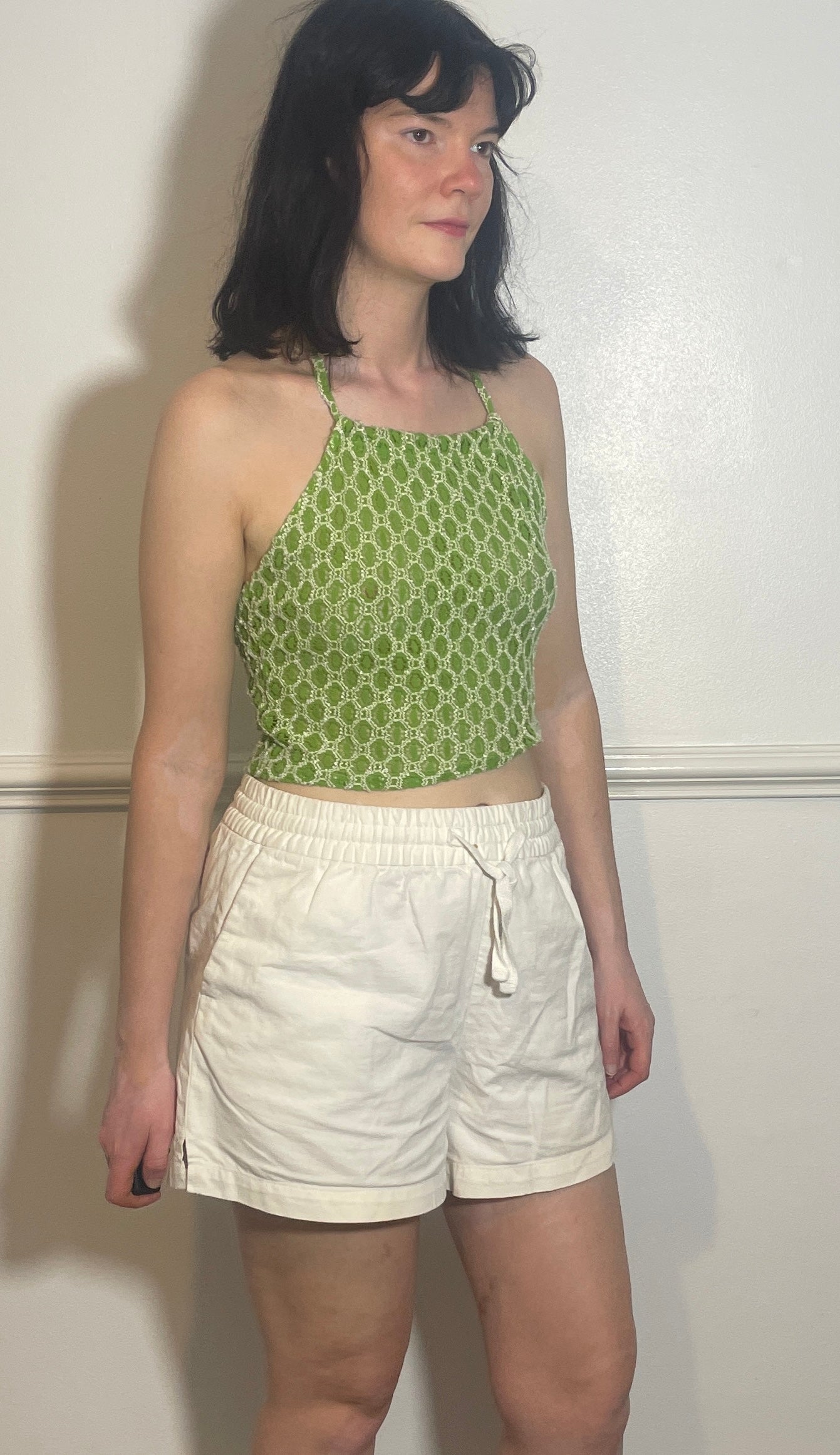 Vintage Y2k Green Textured Geometric Halter Neck Crop Top - Size 8