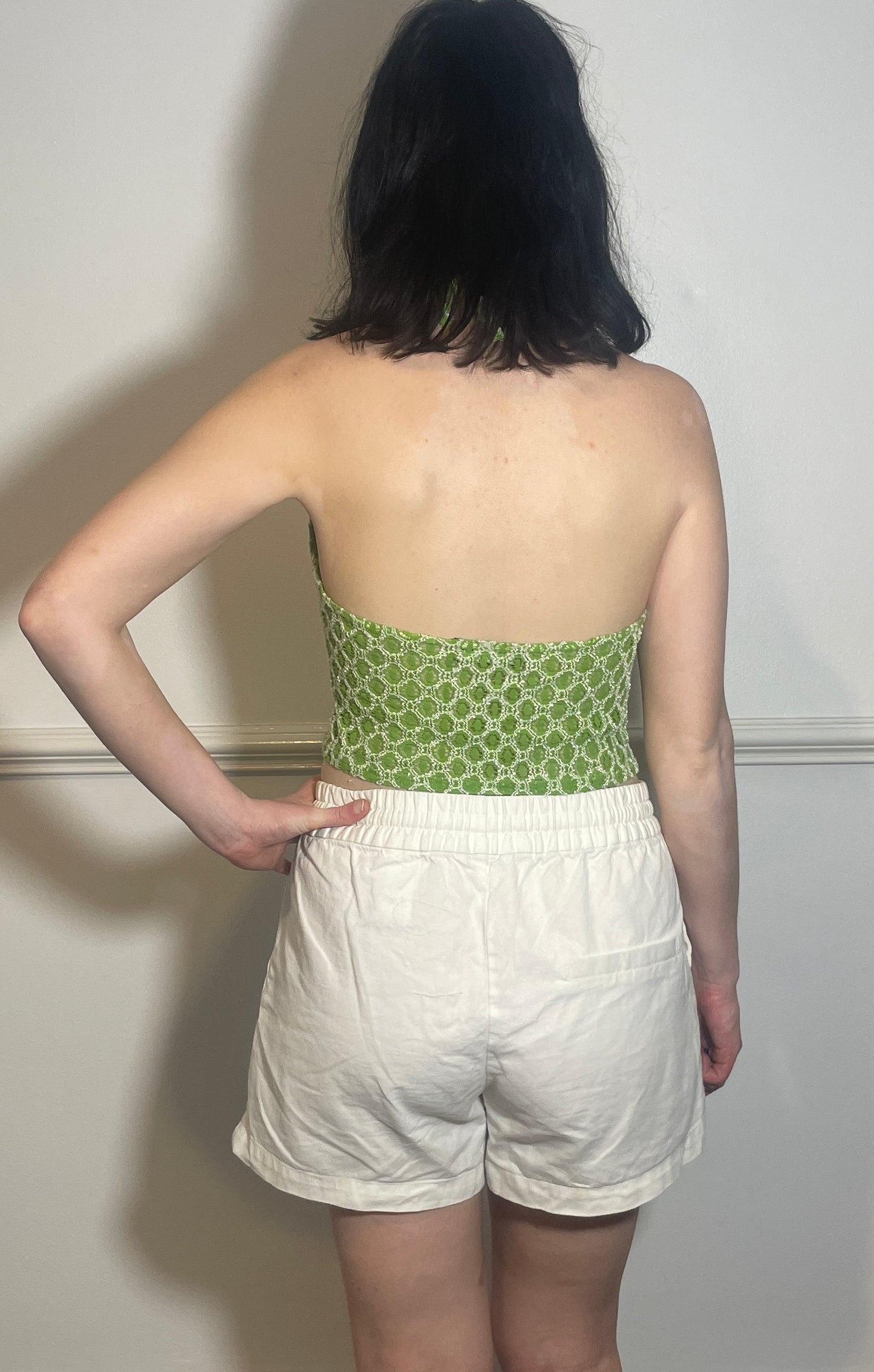 Vintage Y2k Green Textured Geometric Halter Neck Crop Top - Size 8