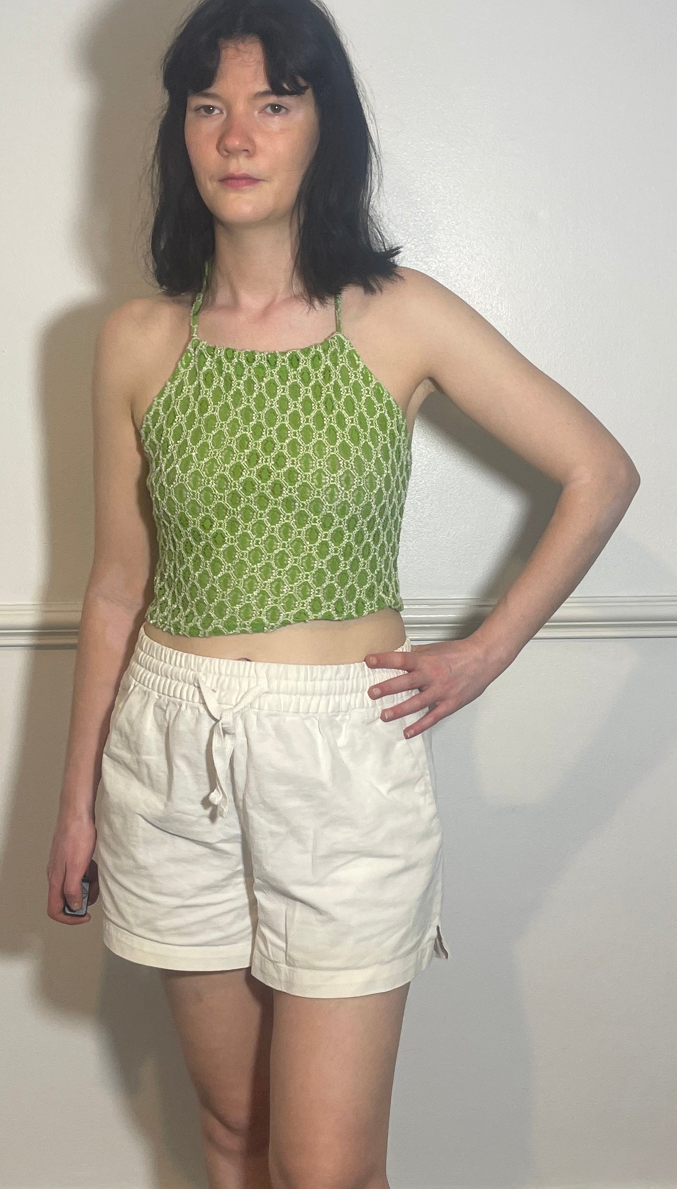 Vintage Y2k Green Textured Geometric Halter Neck Crop Top - Size 8