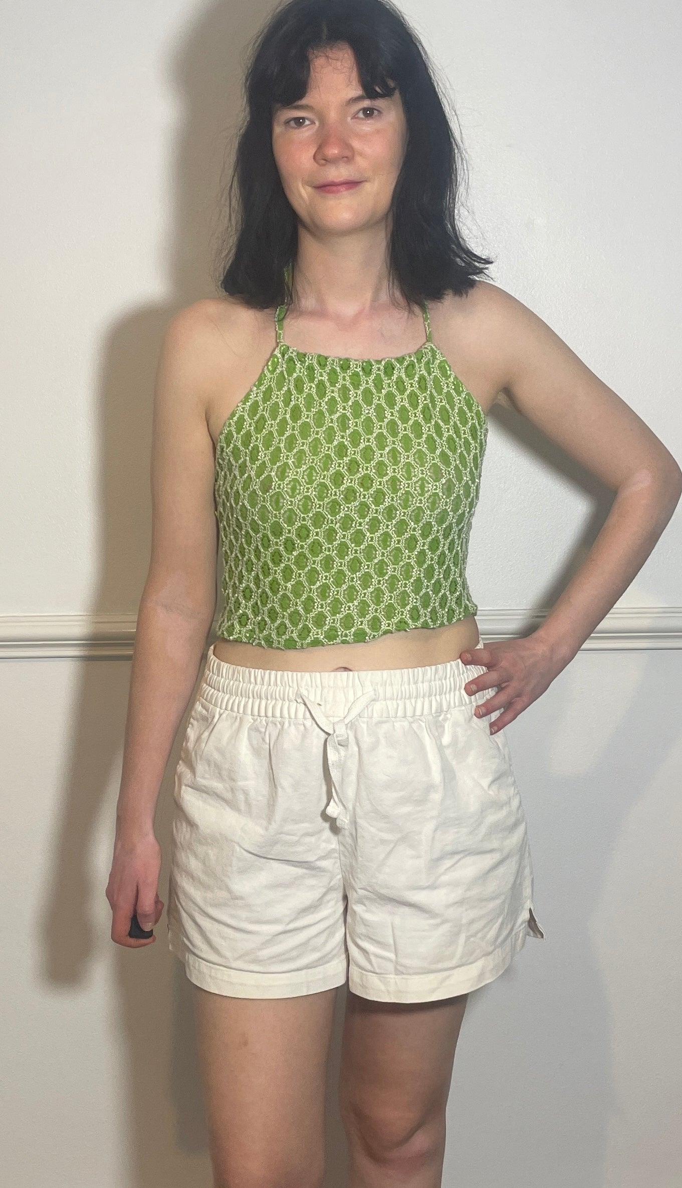 Vintage Y2k Green Textured Geometric Halter Neck Crop Top - Size 8