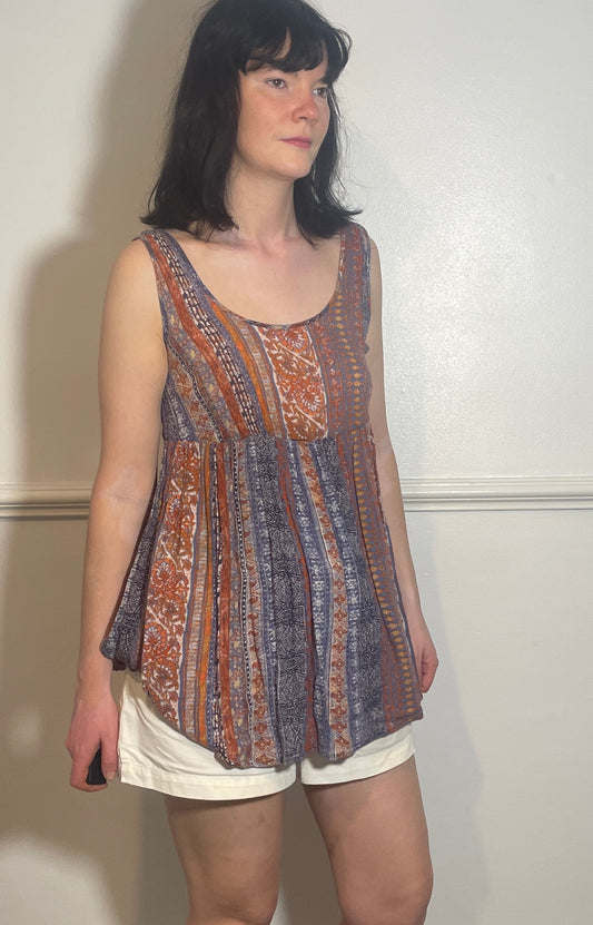 Vintage 90s Orange Boho Block Print Inspired Tank Top - Size 10