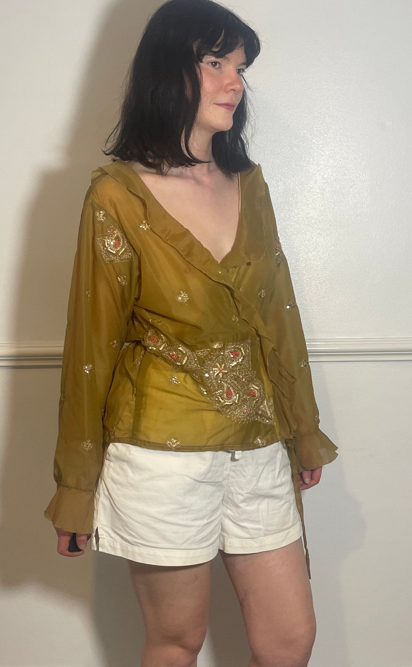 Handmade Khaki Green Sheer Chiffon Sequin Wrap Top with Ruffle Neckline - Size 14