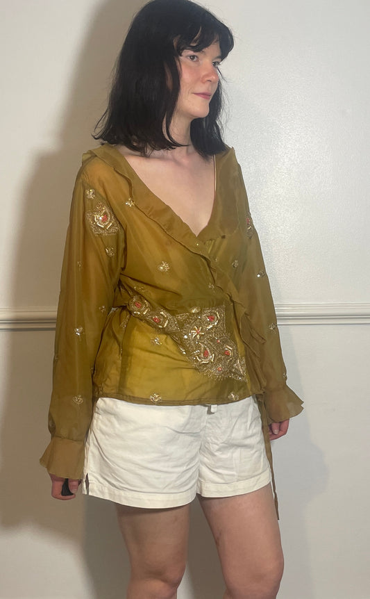 Handmade Khaki Green Sheer Chiffon Sequin Wrap Top with Ruffle Neckline - Size 14