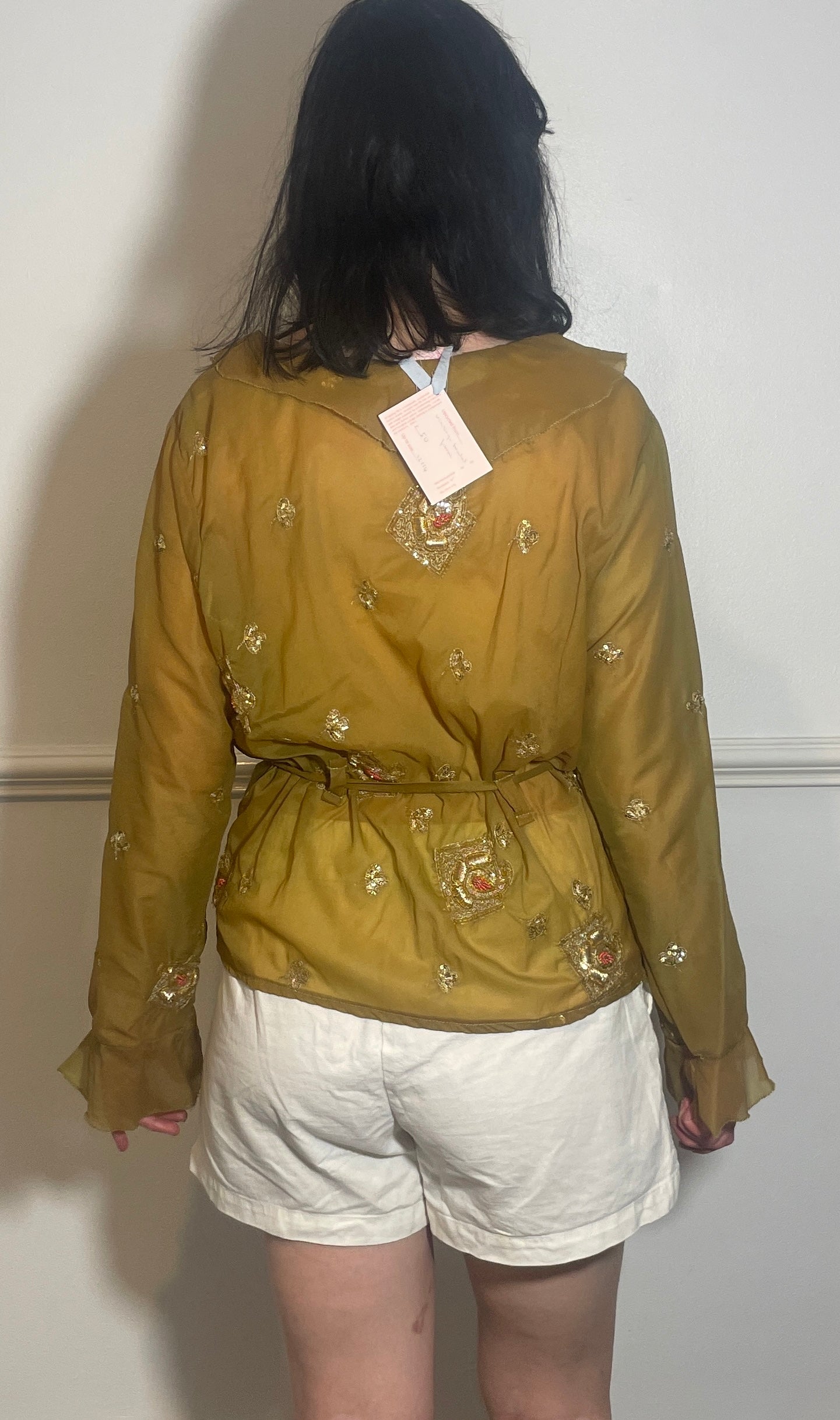 Handmade Khaki Green Sheer Chiffon Sequin Wrap Top with Ruffle Neckline - Size 14