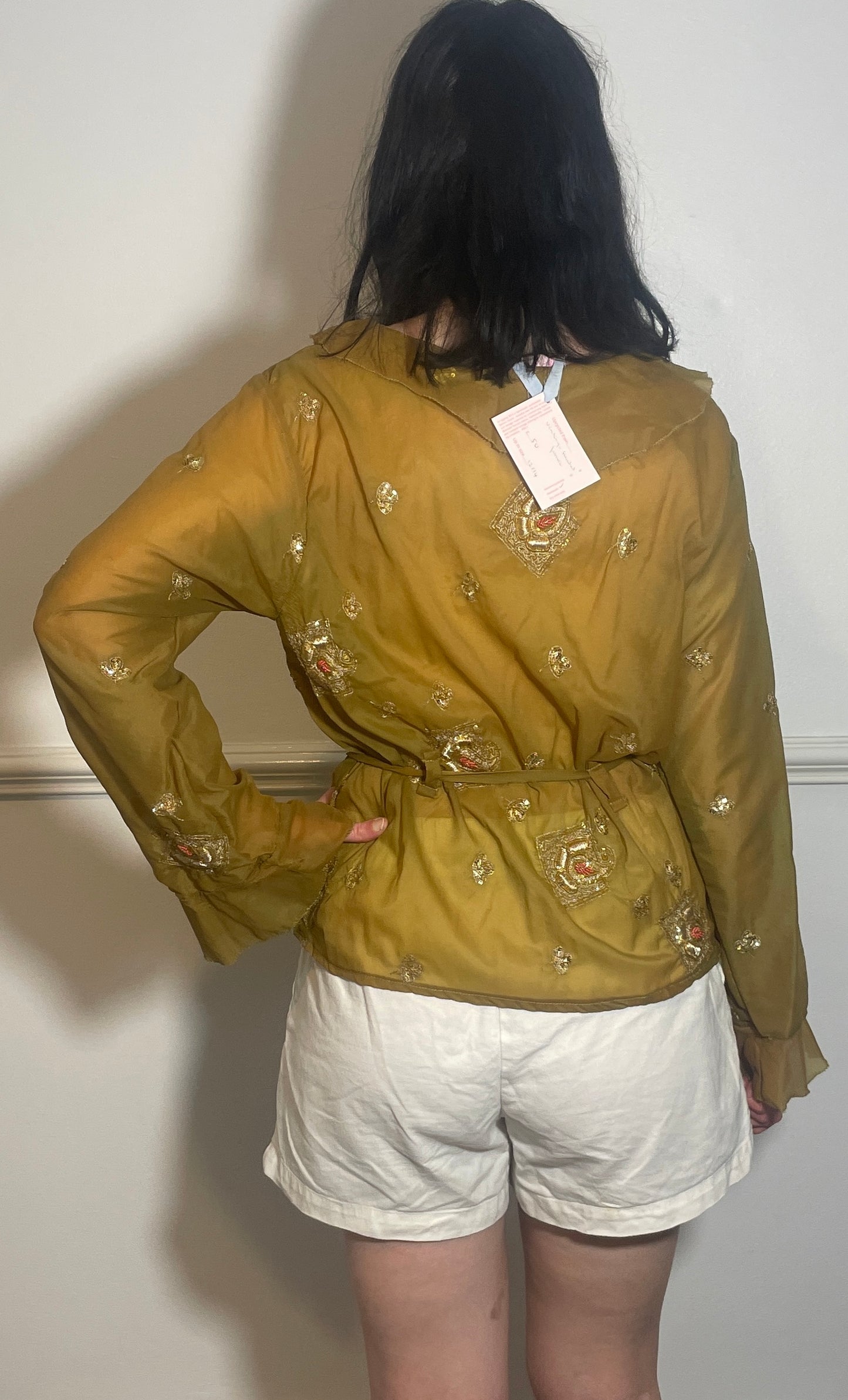 Handmade Khaki Green Sheer Chiffon Sequin Wrap Top with Ruffle Neckline - Size 14
