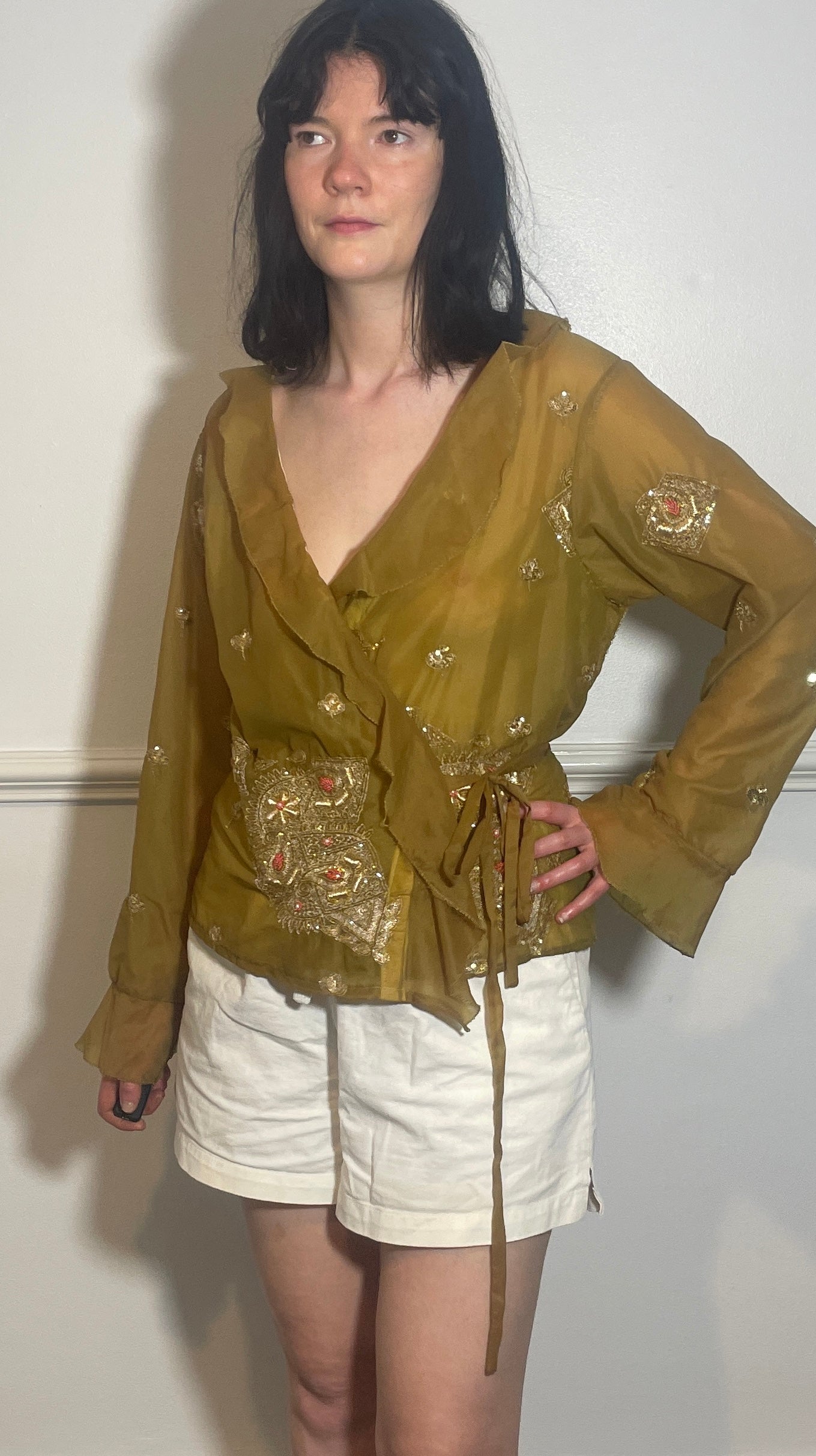Handmade Khaki Green Sheer Chiffon Sequin Wrap Top with Ruffle Neckline - Size 14