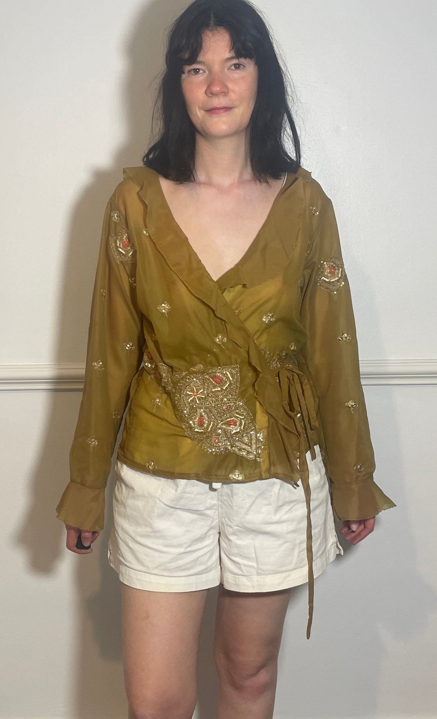 Handmade Khaki Green Sheer Chiffon Sequin Wrap Top with Ruffle Neckline - Size 14