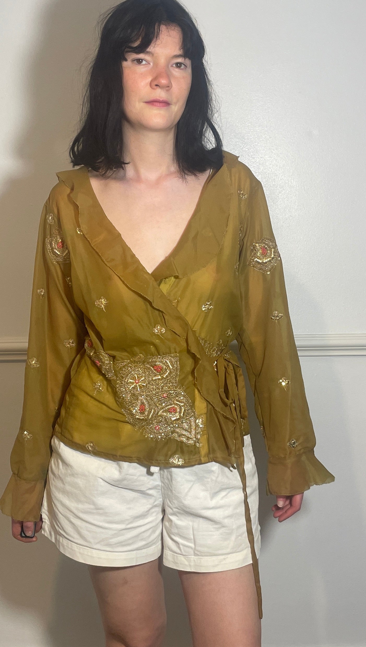 Handmade Khaki Green Sheer Chiffon Sequin Wrap Top with Ruffle Neckline - Size 14