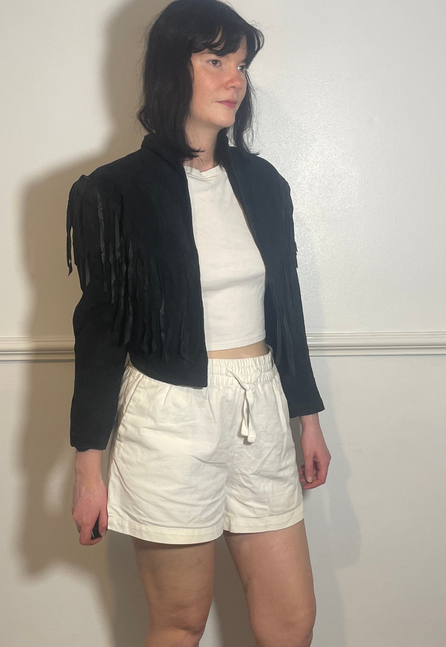 Vintage 80s Black Suede Leather Tassle Cropped Western Jacket - Size 10