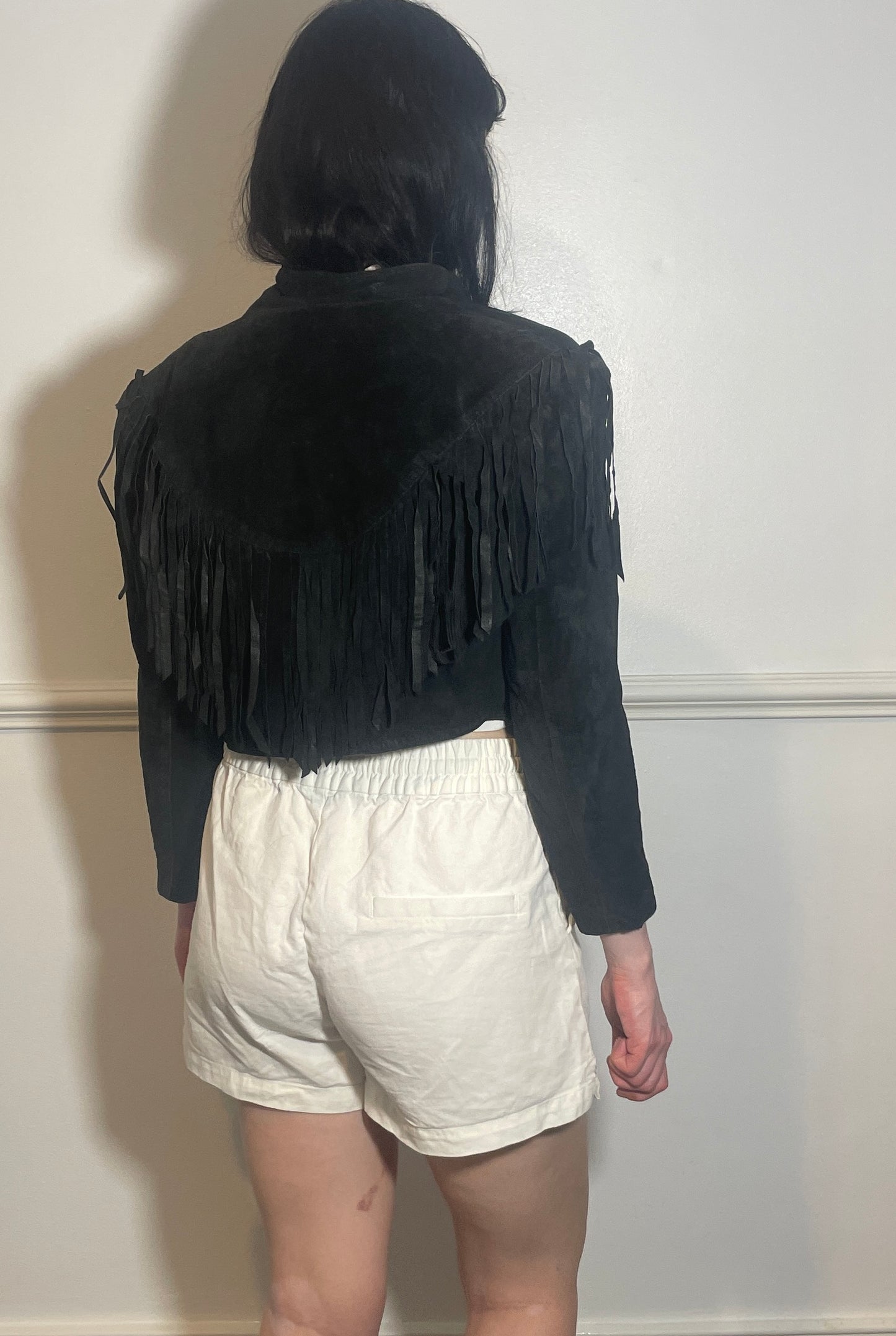 Vintage 80s Black Suede Leather Tassle Cropped Western Jacket - Size 10