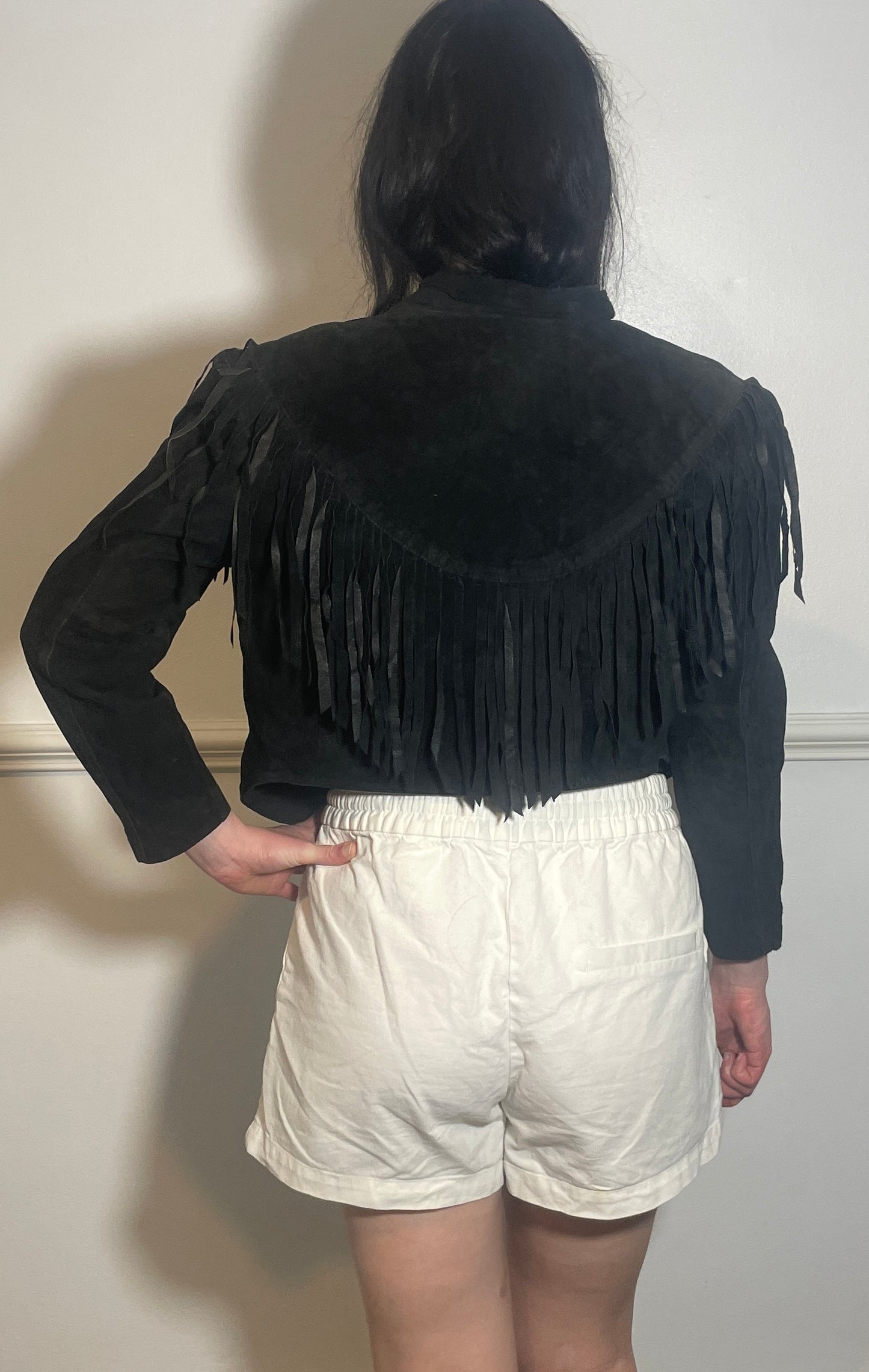 Vintage 80s Black Suede Leather Tassle Cropped Western Jacket - Size 10