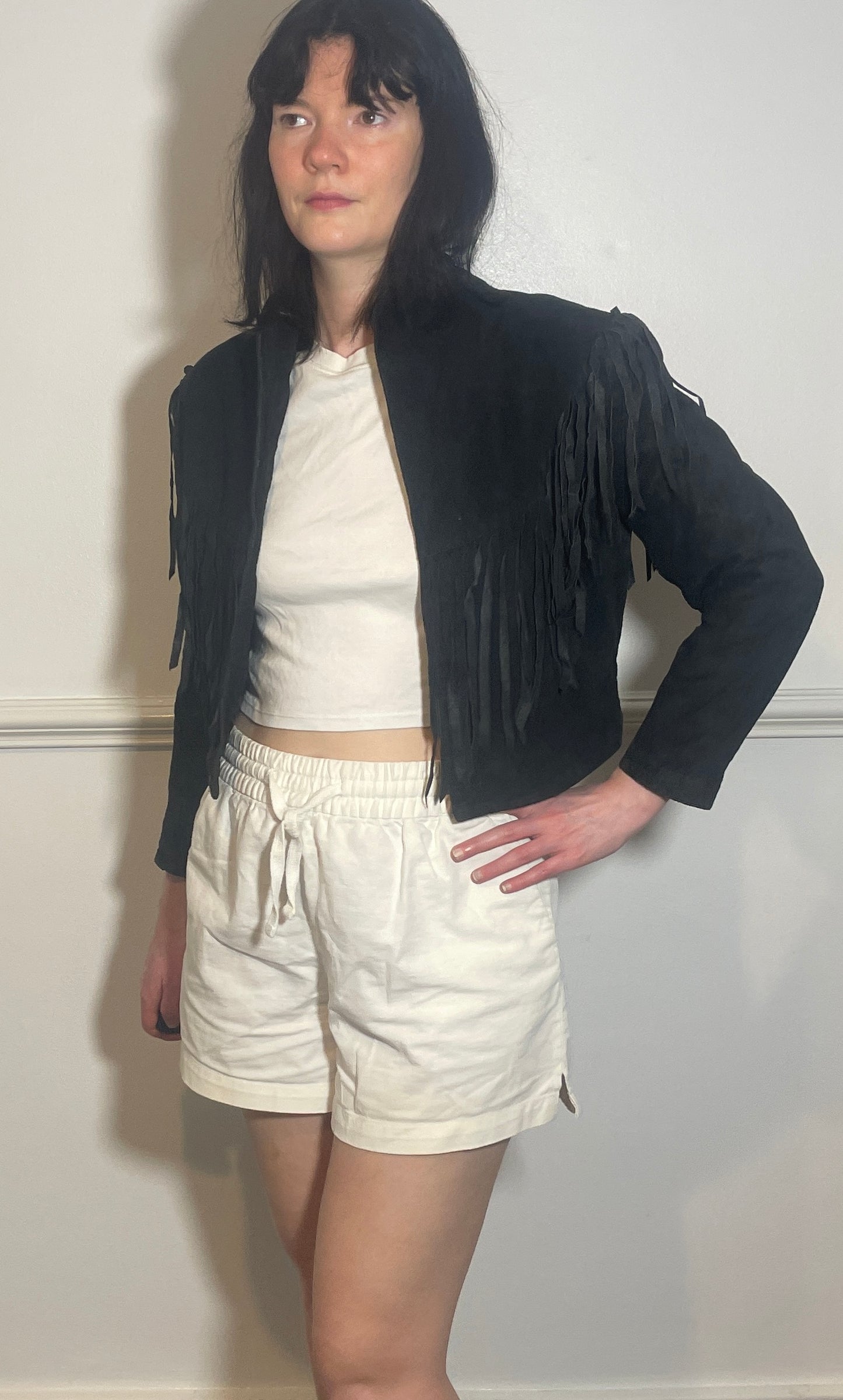 Vintage 80s Black Suede Leather Tassle Cropped Western Jacket - Size 10