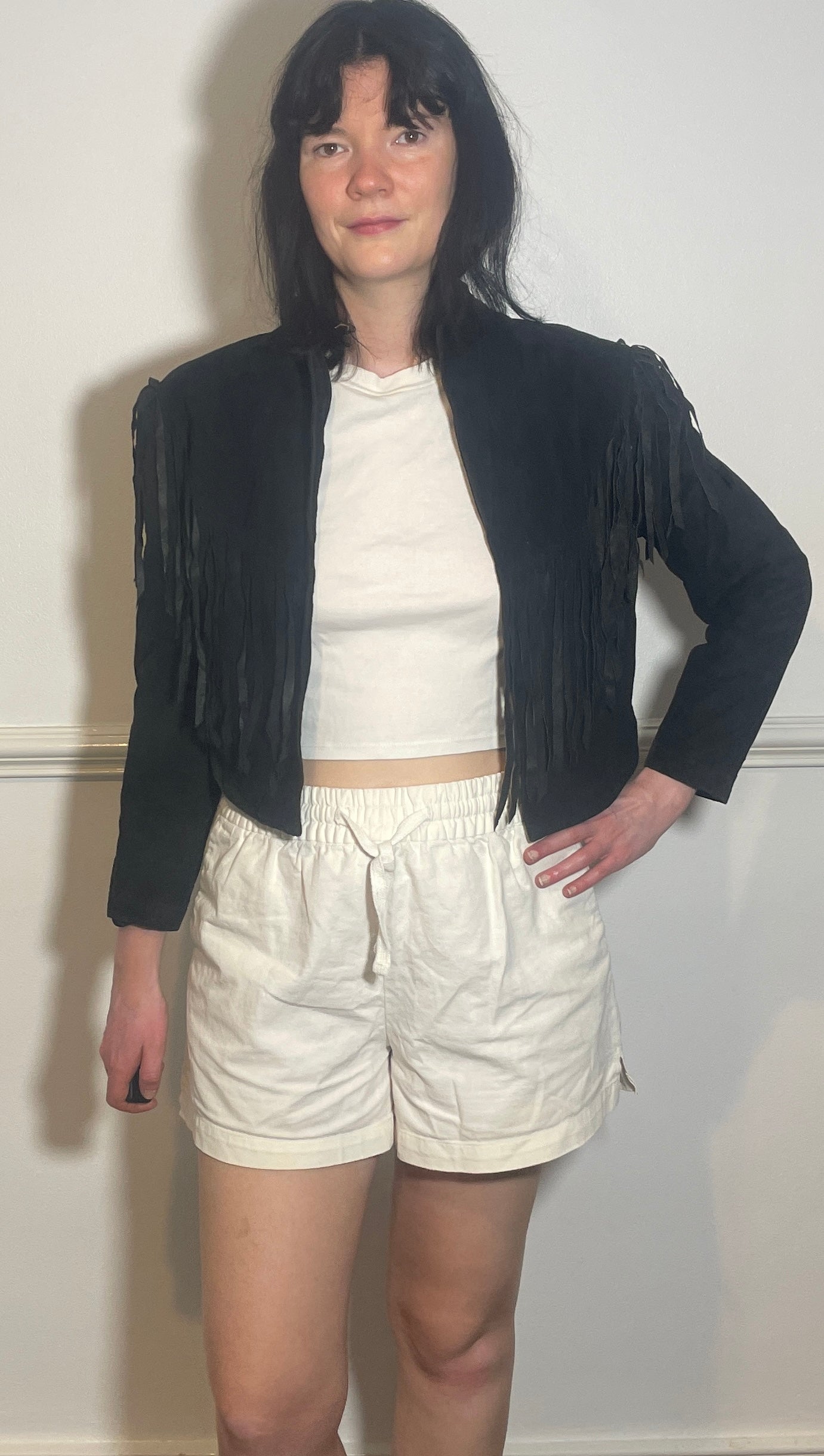 Vintage 80s Black Suede Leather Tassle Cropped Western Jacket - Size 10