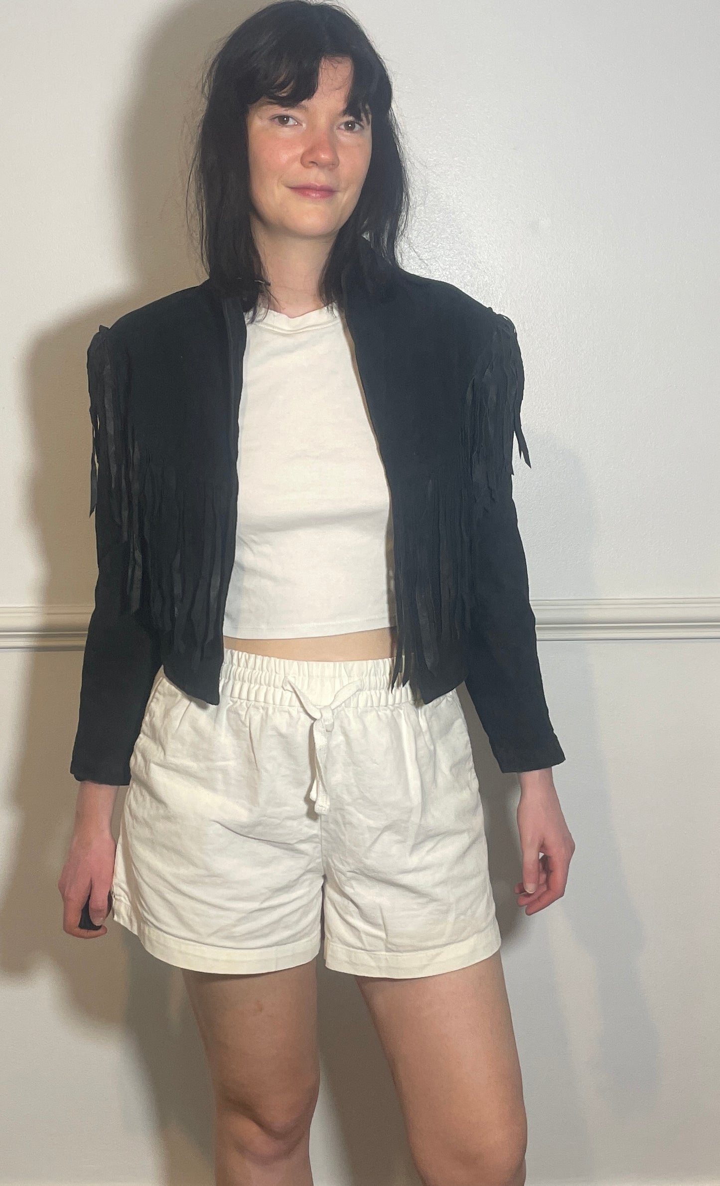 Vintage 80s Black Suede Leather Tassle Cropped Western Jacket - Size 10