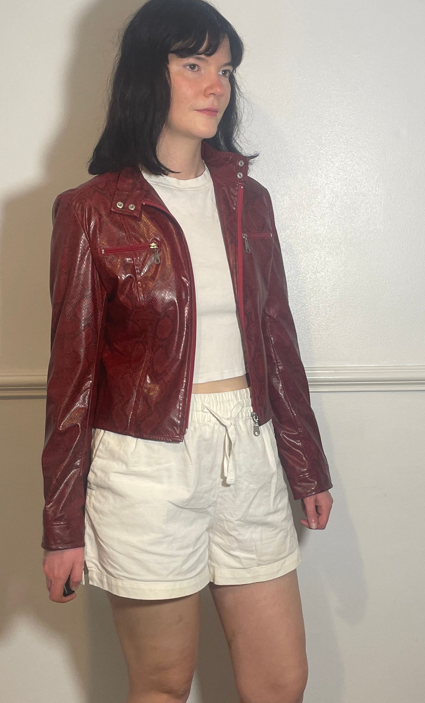 Vintage Y2k Red Faux Leather Snakeskin Fitted Moto Jacket - Size 10