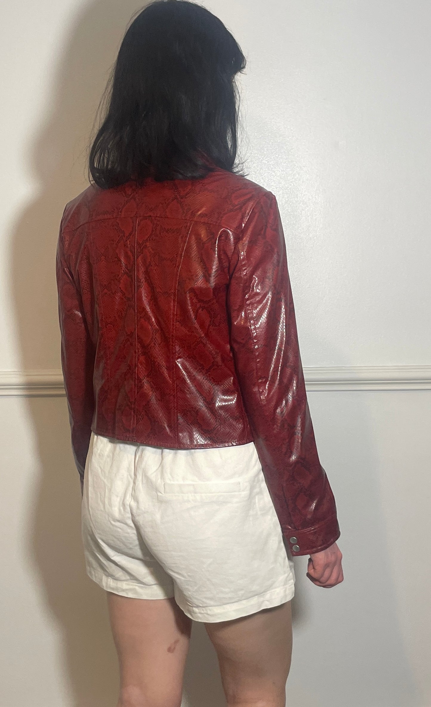 Vintage Y2k Red Faux Leather Snakeskin Fitted Moto Jacket - Size 10