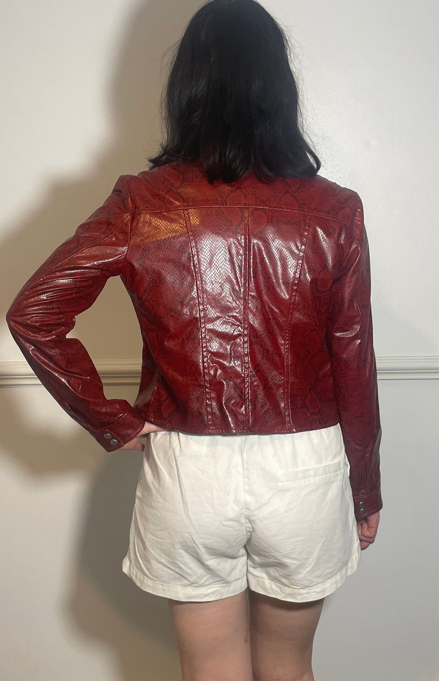 Vintage Y2k Red Faux Leather Snakeskin Fitted Moto Jacket - Size 10