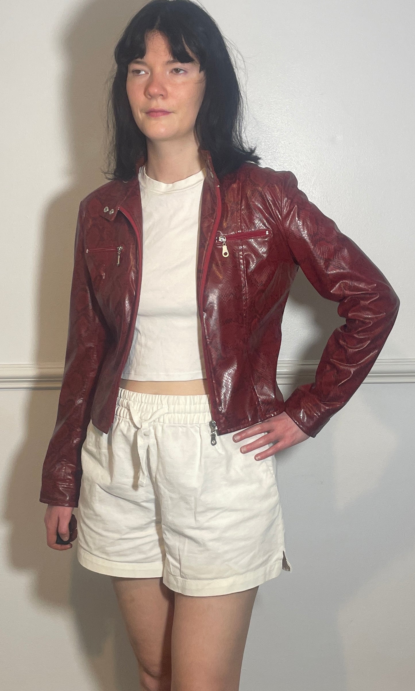 Vintage Y2k Red Faux Leather Snakeskin Fitted Moto Jacket - Size 10