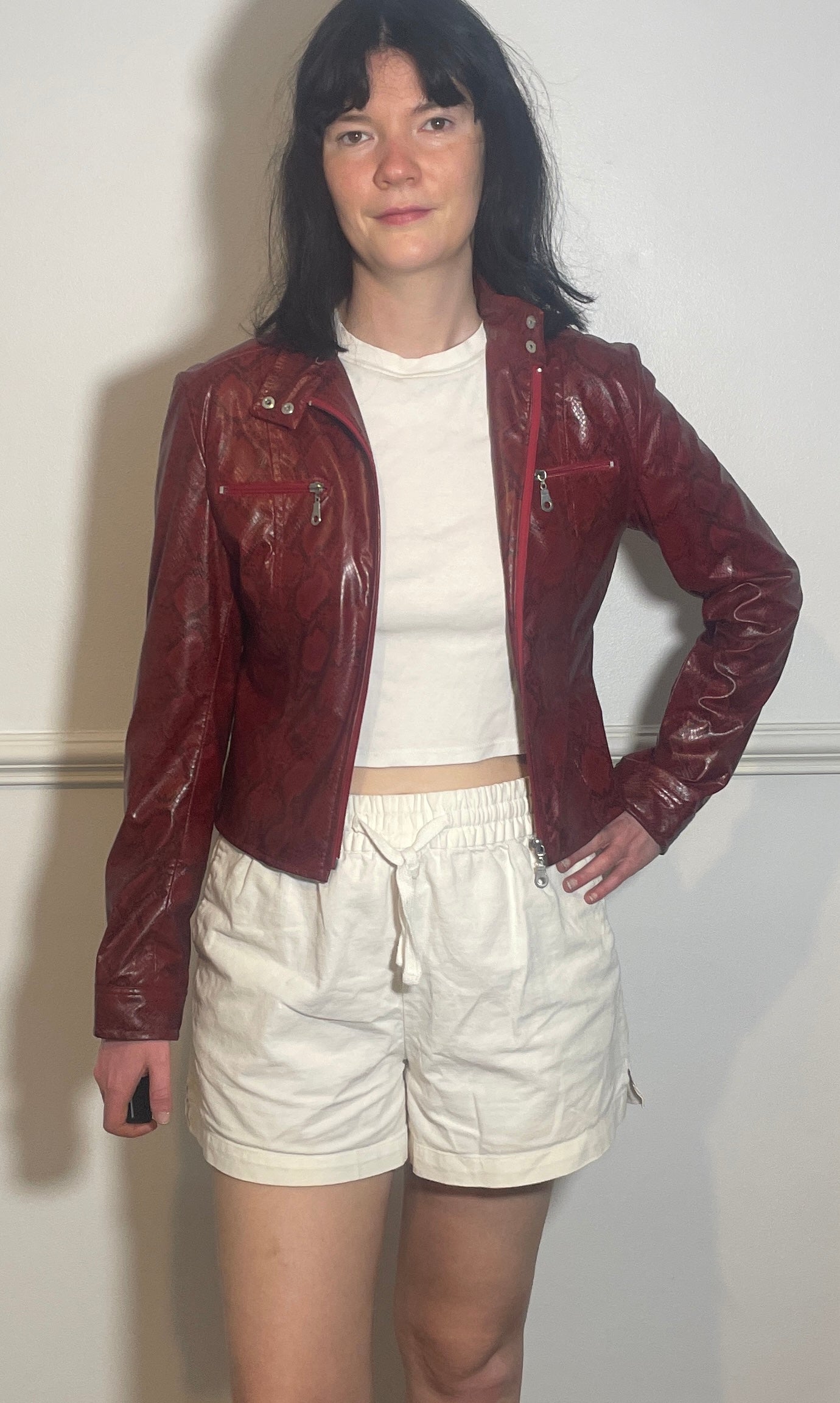 Vintage Y2k Red Faux Leather Snakeskin Fitted Moto Jacket - Size 10