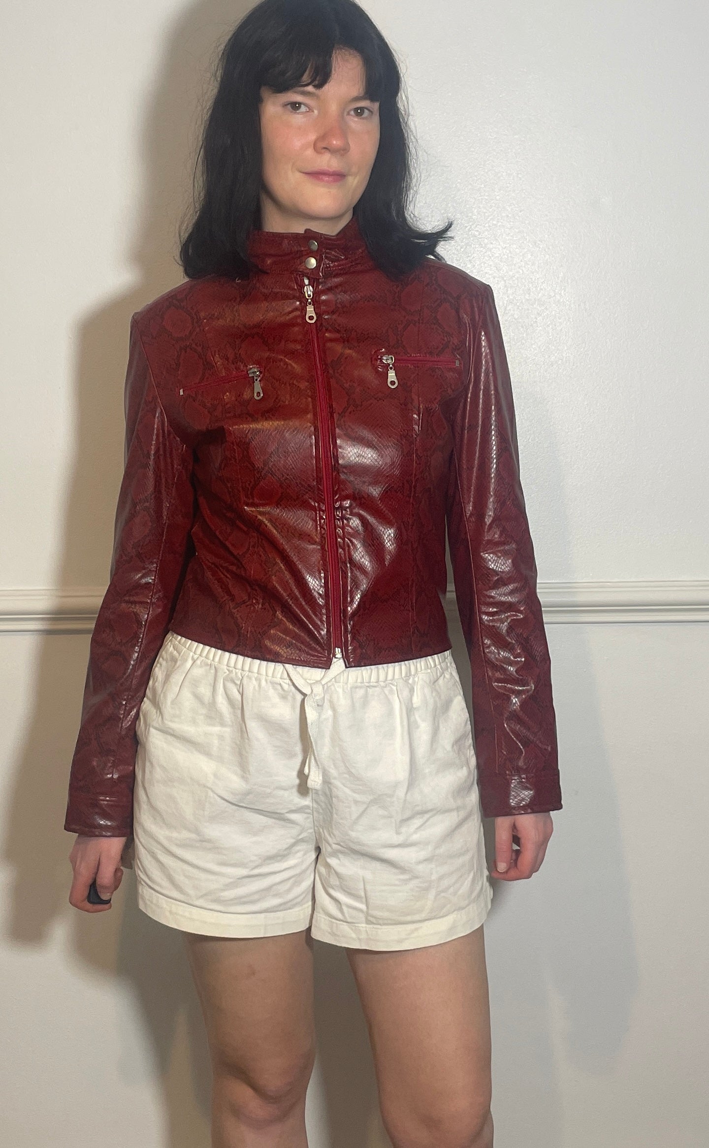 Vintage Y2k Red Faux Leather Snakeskin Fitted Moto Jacket - Size 10