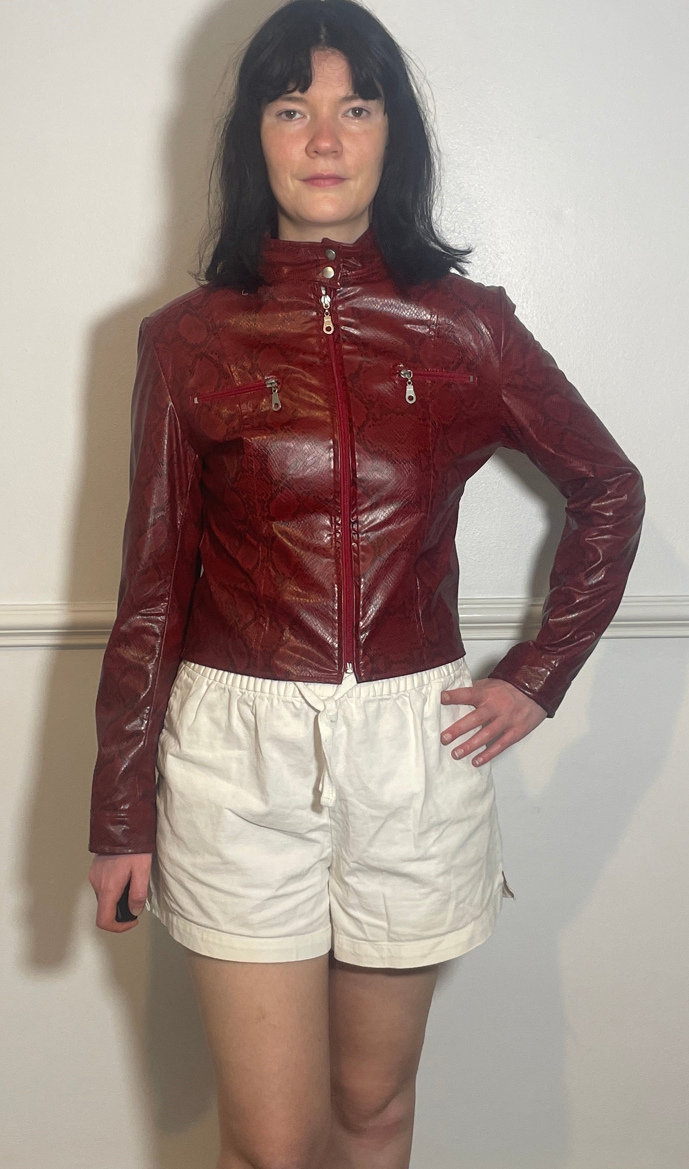 Vintage Y2k Red Faux Leather Snakeskin Fitted Moto Jacket - Size 10