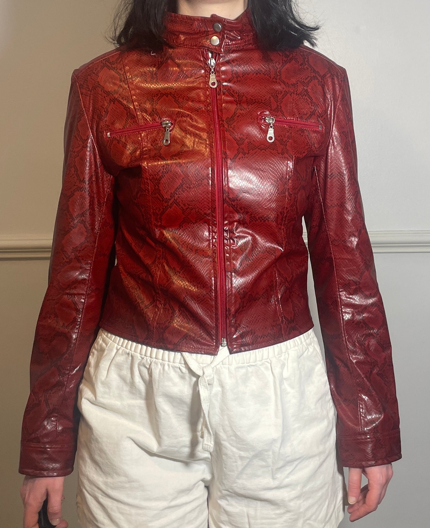 Vintage Y2k Red Faux Leather Snakeskin Fitted Moto Jacket - Size 10