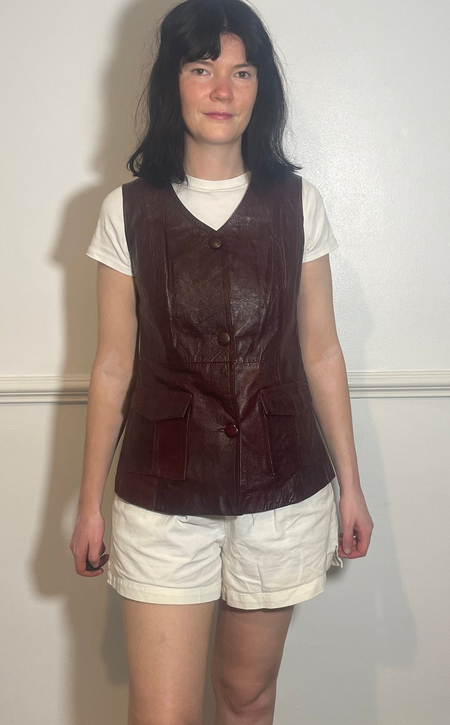 Vintage 90s Long Burgandy Leather Sleeveless Waistcoat - Size 10