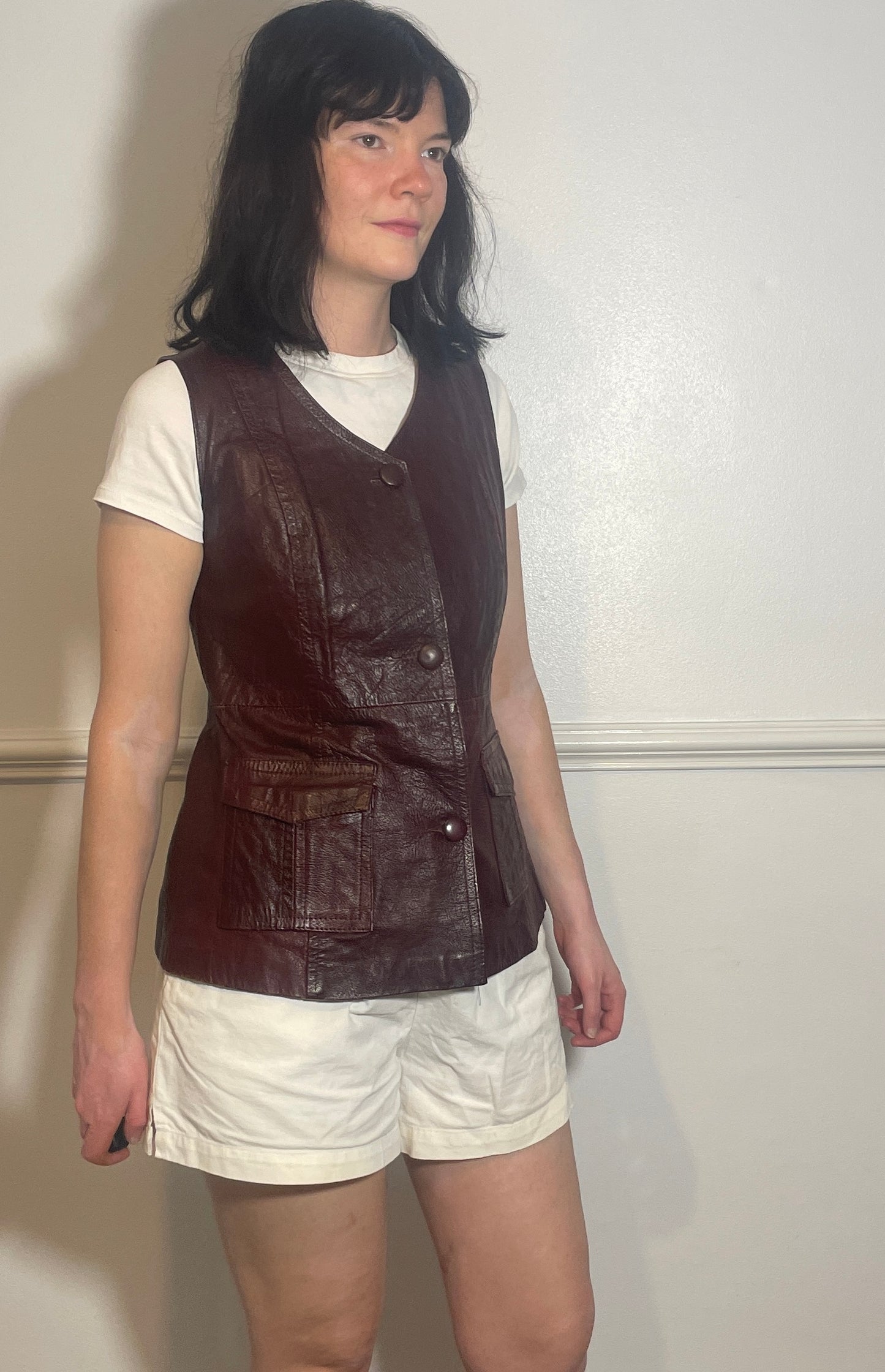 Vintage 90s Long Burgandy Leather Sleeveless Waistcoat - Size 10