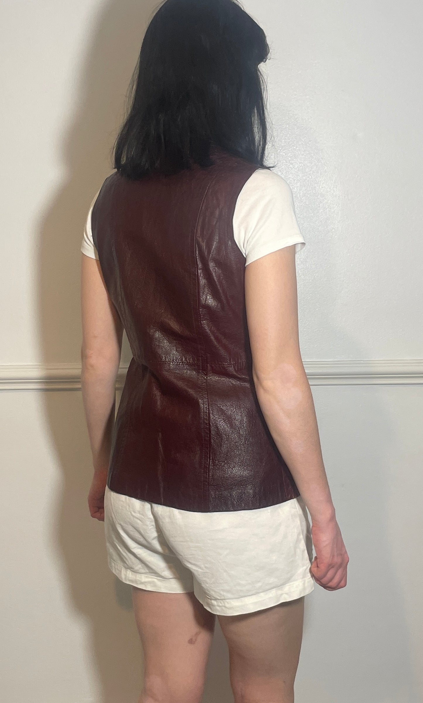 Vintage 90s Long Burgandy Leather Sleeveless Waistcoat - Size 10