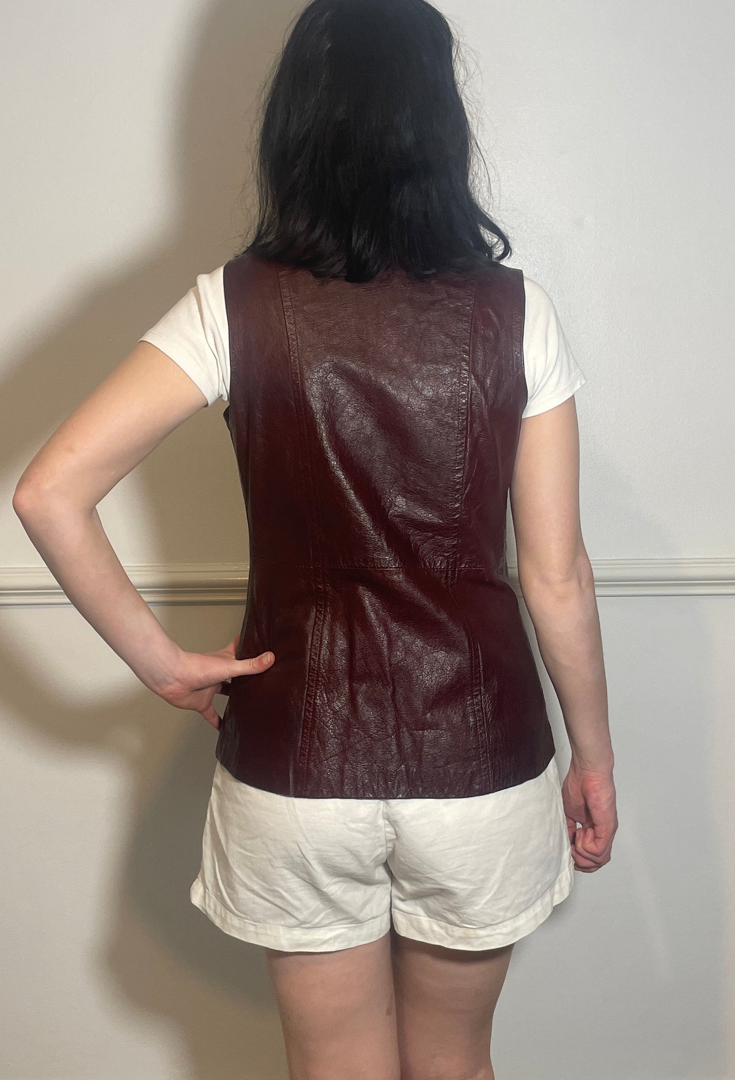 Vintage 90s Long Burgandy Leather Sleeveless Waistcoat - Size 10