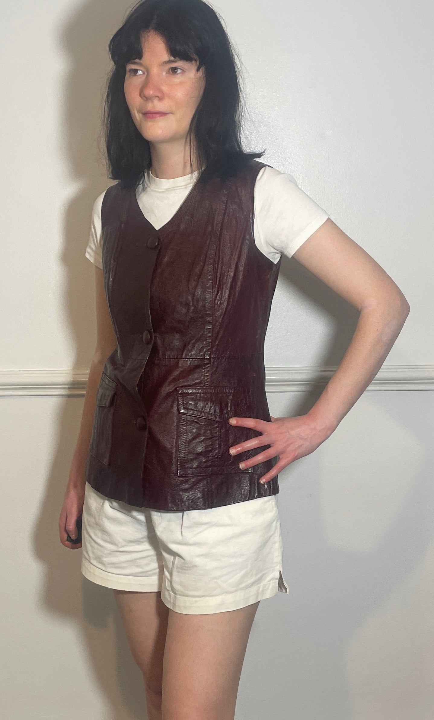 Vintage 90s Long Burgandy Leather Sleeveless Waistcoat - Size 10