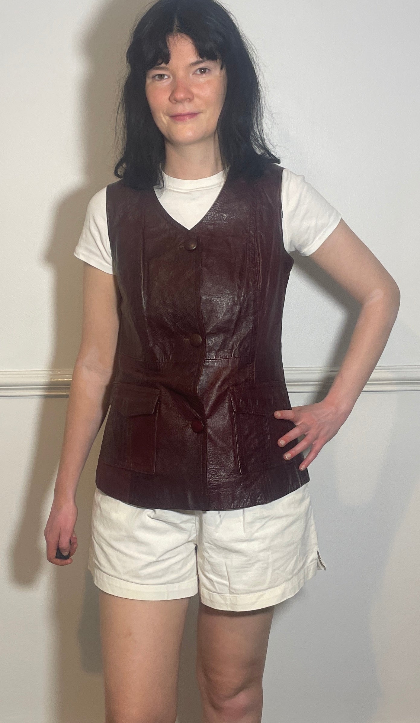 Vintage 90s Long Burgandy Leather Sleeveless Waistcoat - Size 10