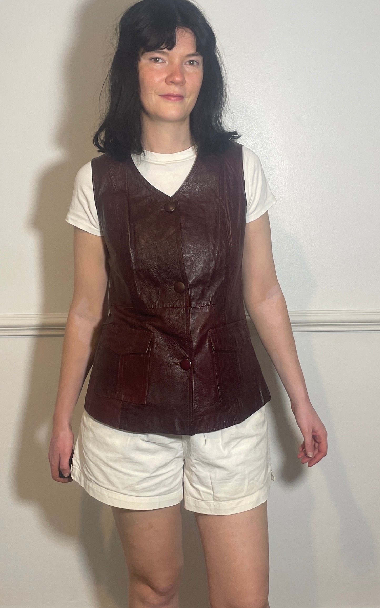 Vintage 90s Long Burgandy Leather Sleeveless Waistcoat - Size 10