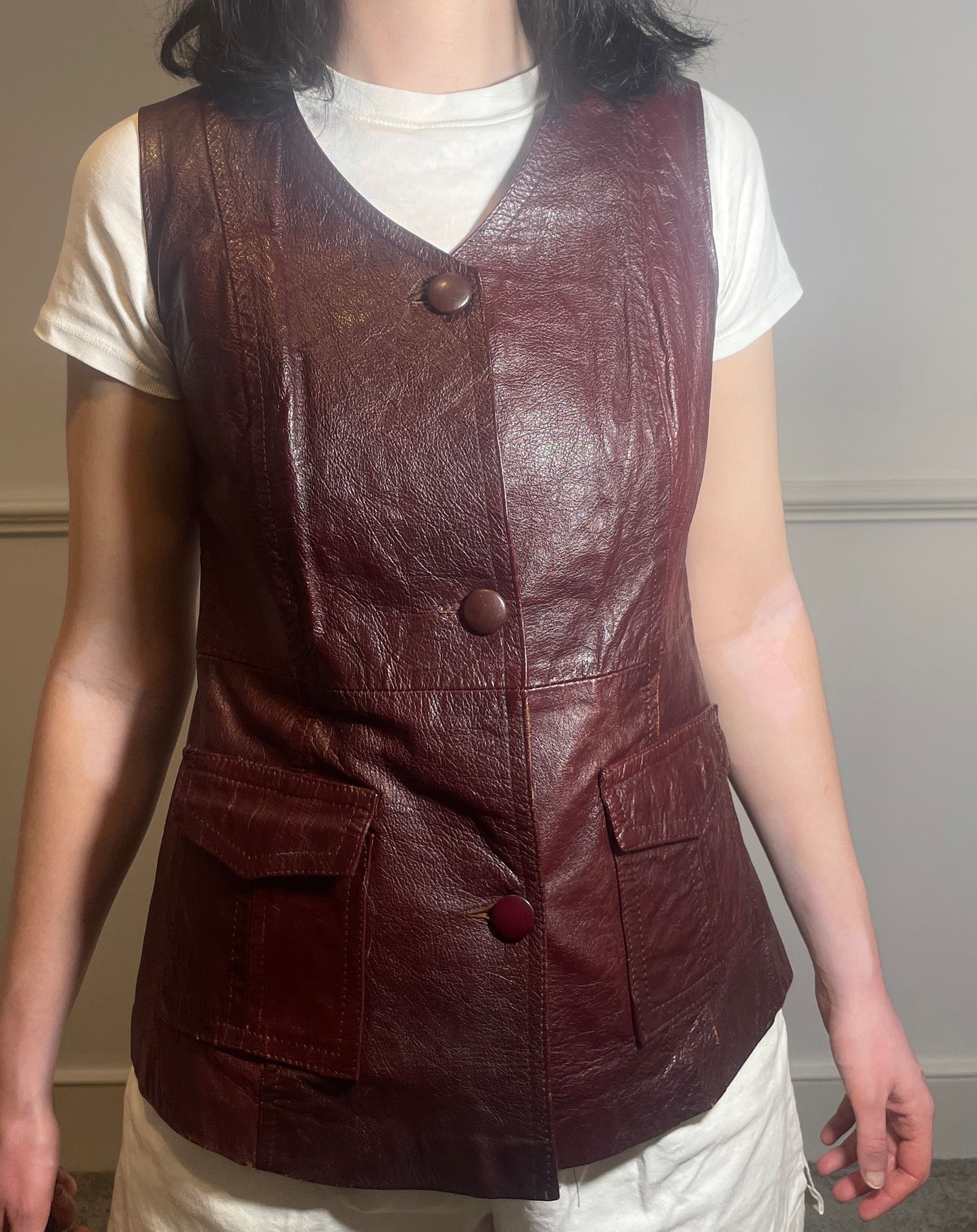 Vintage 90s Long Burgandy Leather Sleeveless Waistcoat - Size 10