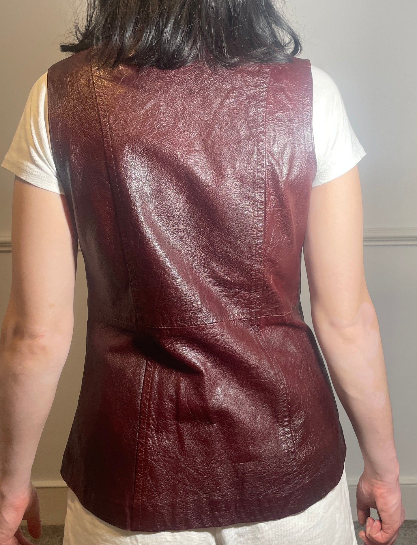 Vintage 90s Long Burgandy Leather Sleeveless Waistcoat - Size 10