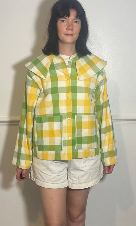Handmade Green and Yellow Checked Large Collar Jacket - Size 16
