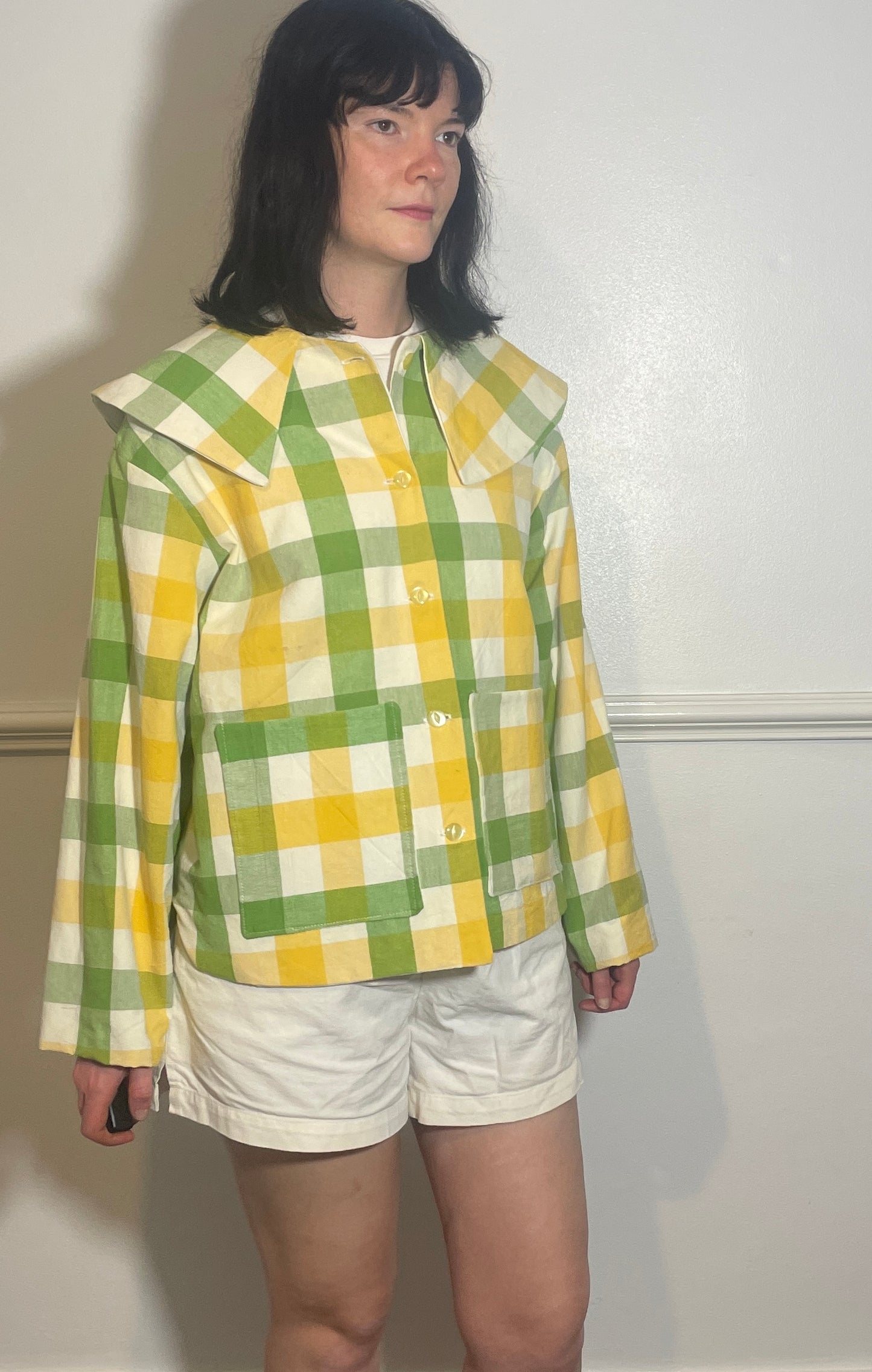 Handmade Green and Yellow Checked Large Collar Jacket - Size 16