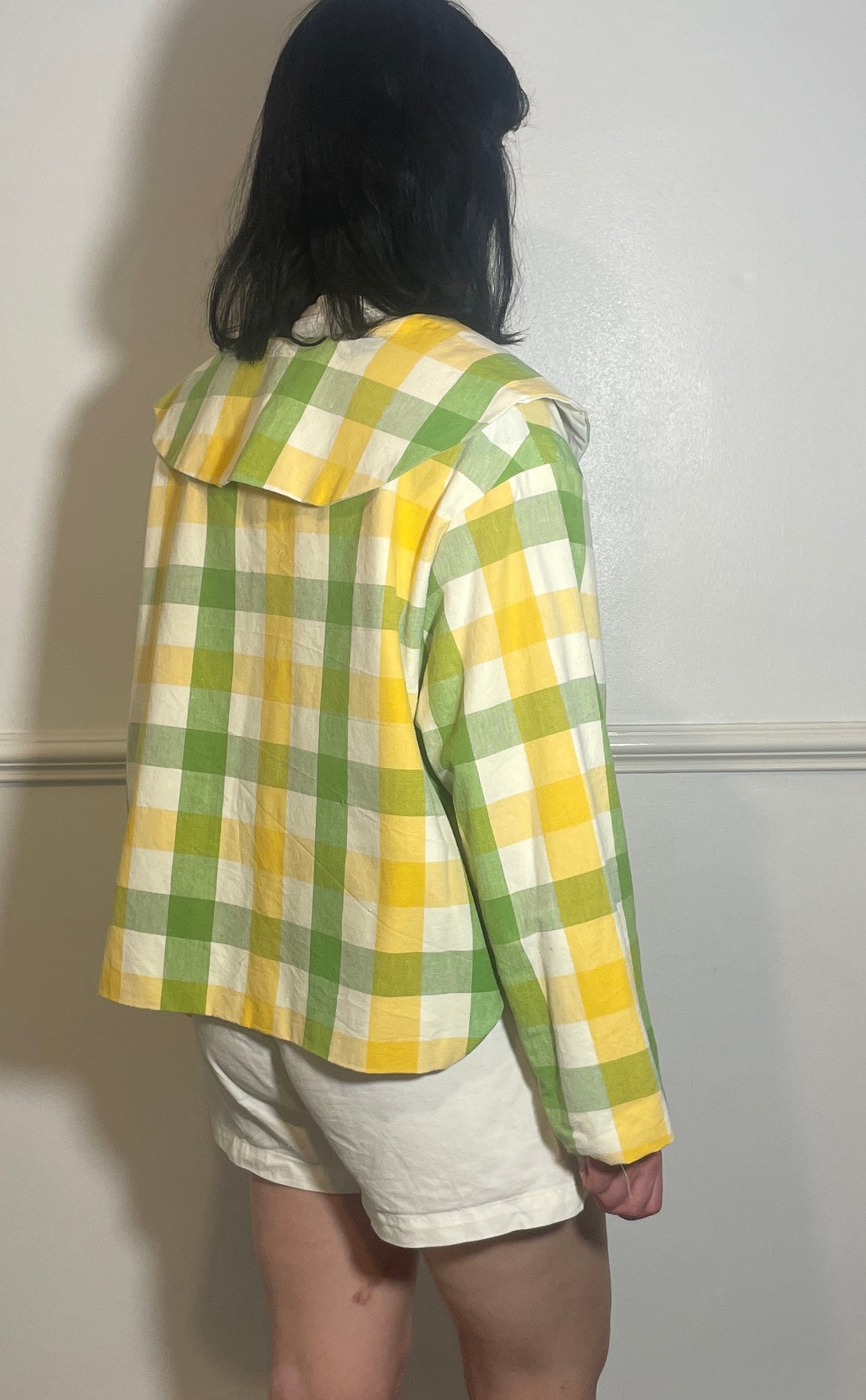 Handmade Green and Yellow Checked Large Collar Jacket - Size 16
