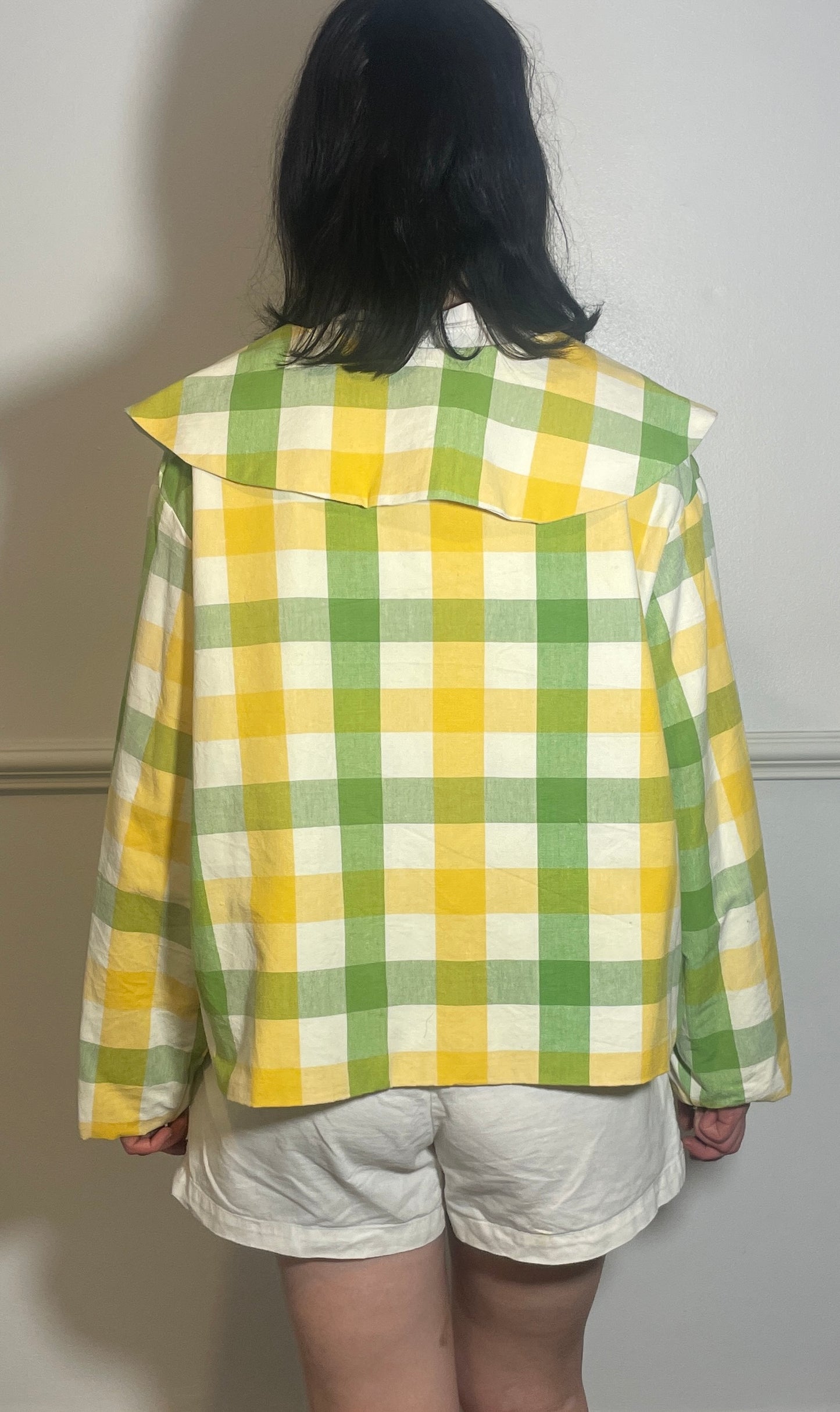 Handmade Green and Yellow Checked Large Collar Jacket - Size 16