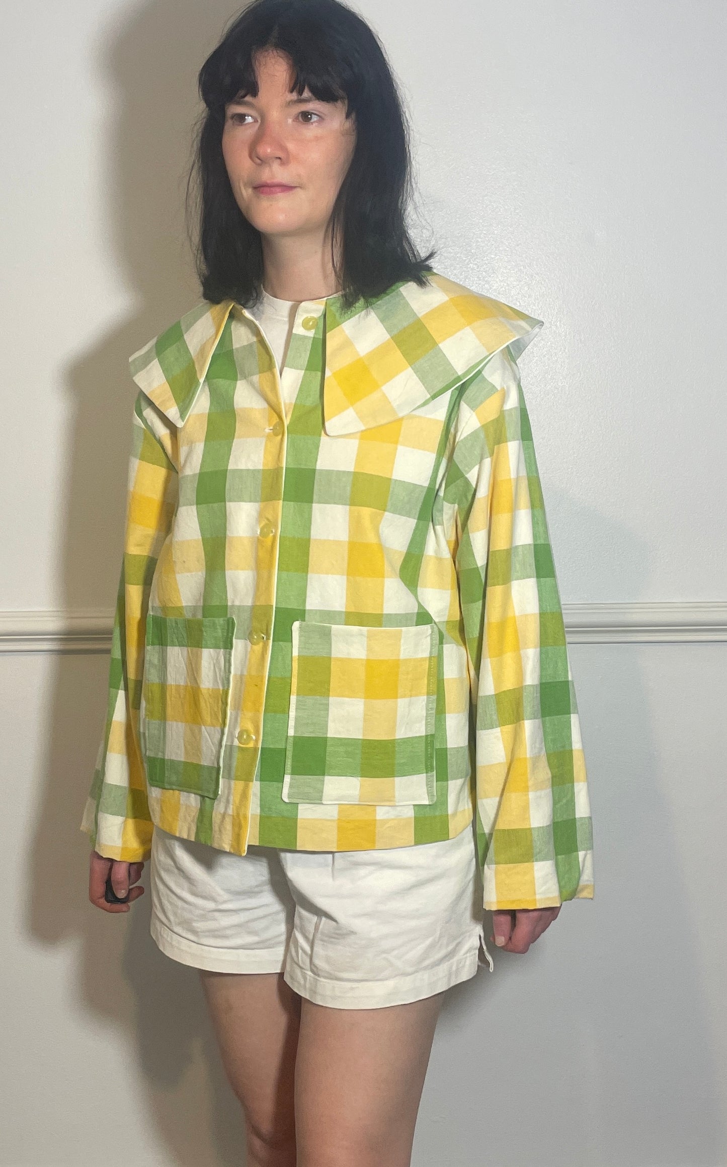 Handmade Green and Yellow Checked Large Collar Jacket - Size 16