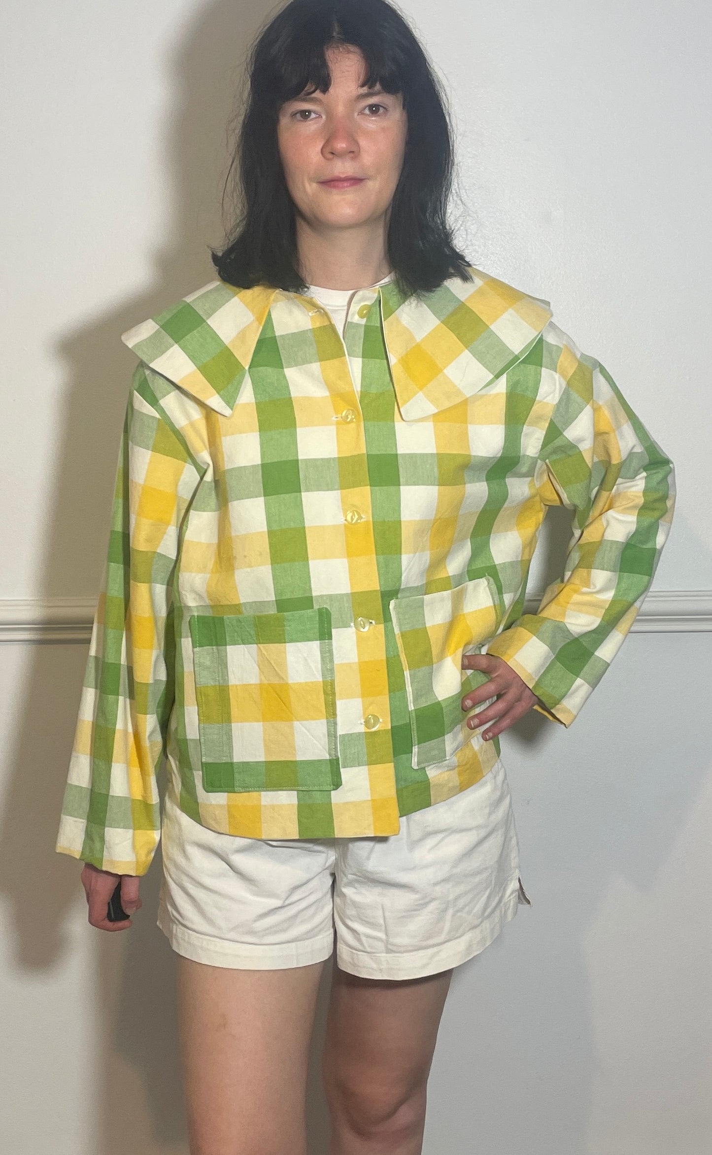 Handmade Green and Yellow Checked Large Collar Jacket - Size 16