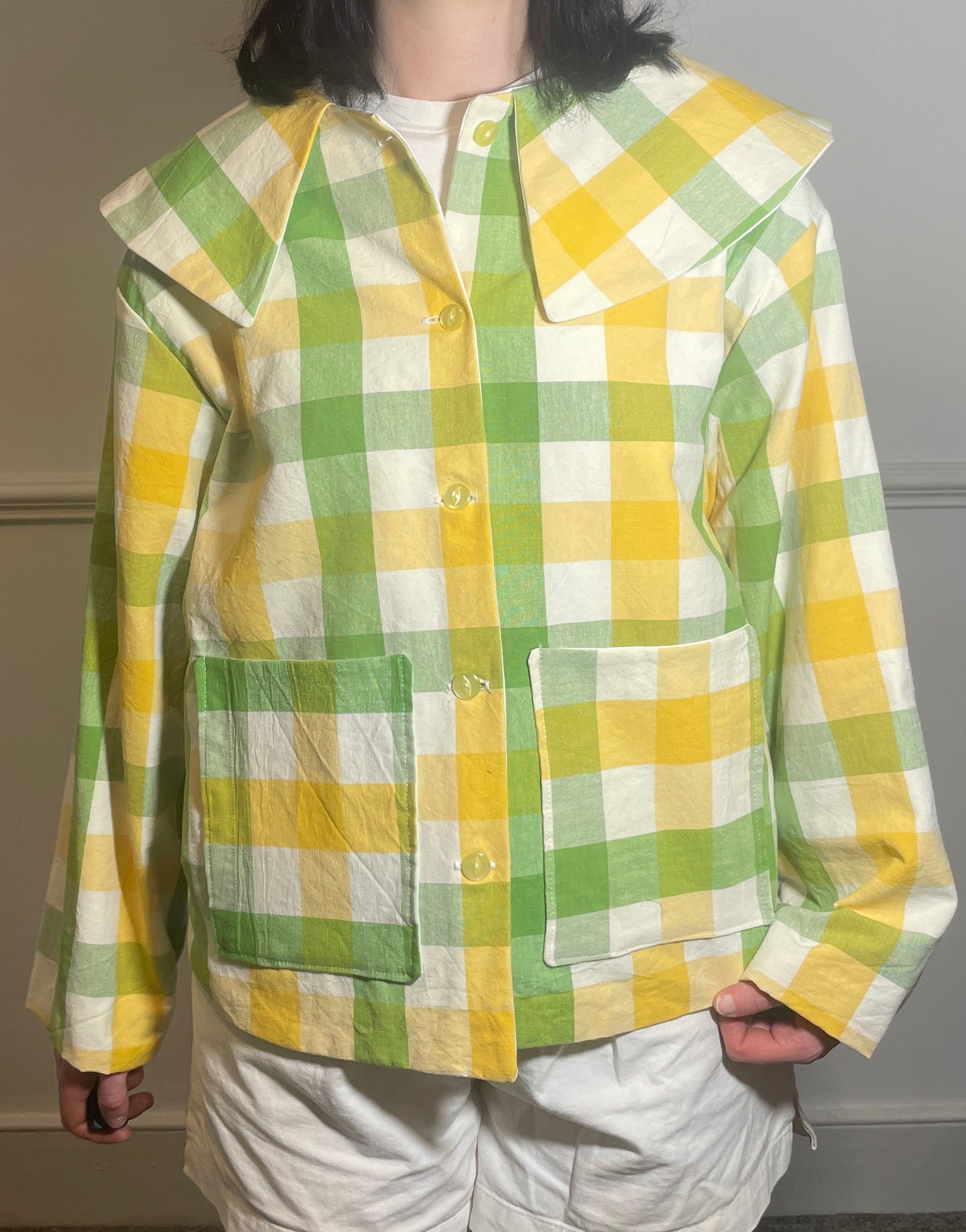 Handmade Green and Yellow Checked Large Collar Jacket - Size 16