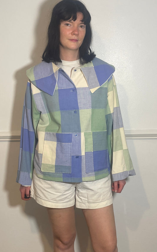 Handmade Pale Blue and Green Checked Large Collar Jacket - Size 16