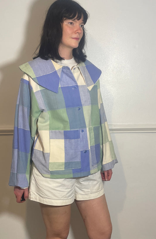 Handmade Pale Blue and Green Checked Large Collar Jacket - Size 16