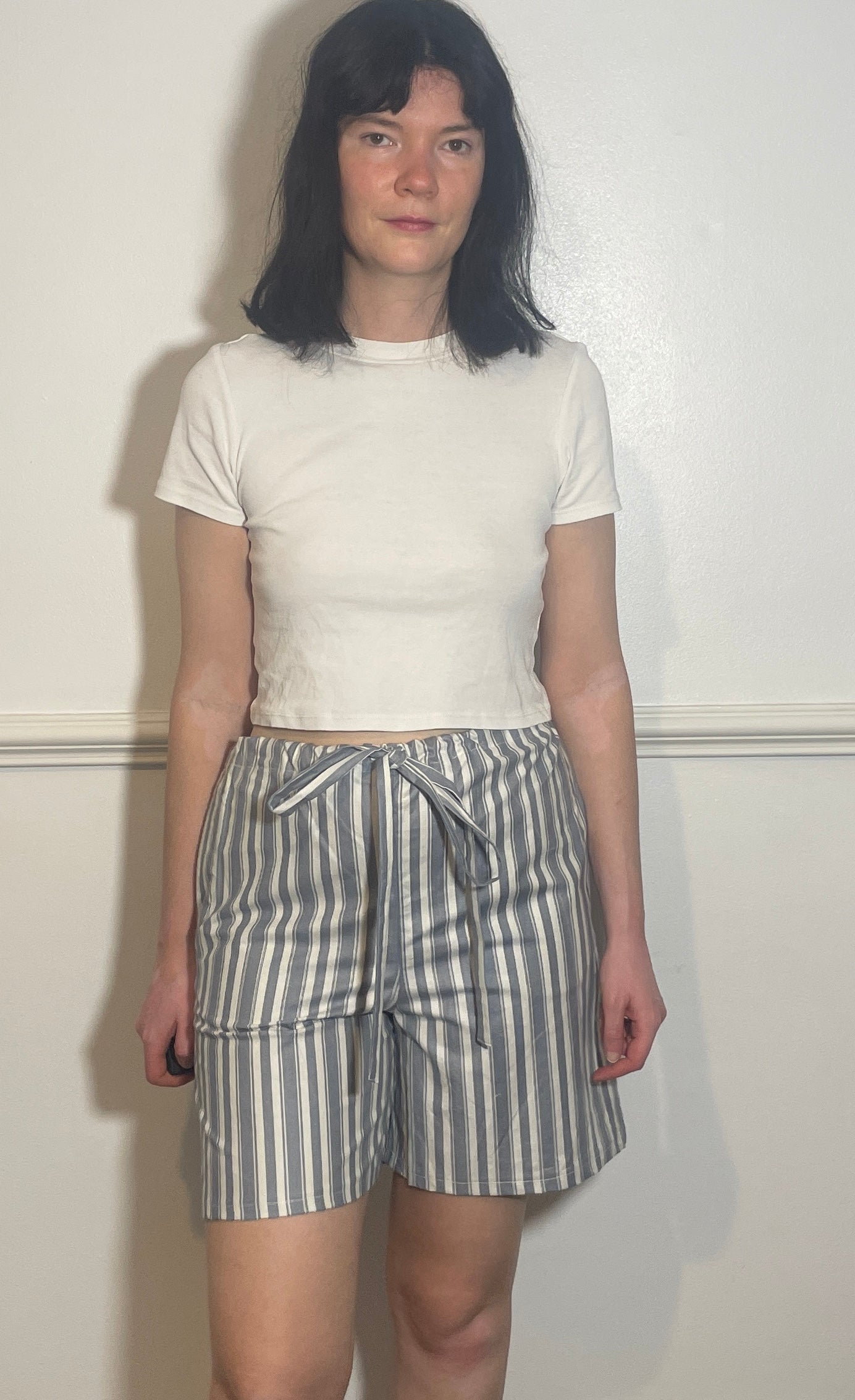 Handmade Long Blue Striped Cotton Drawstring Shorts - Size 10